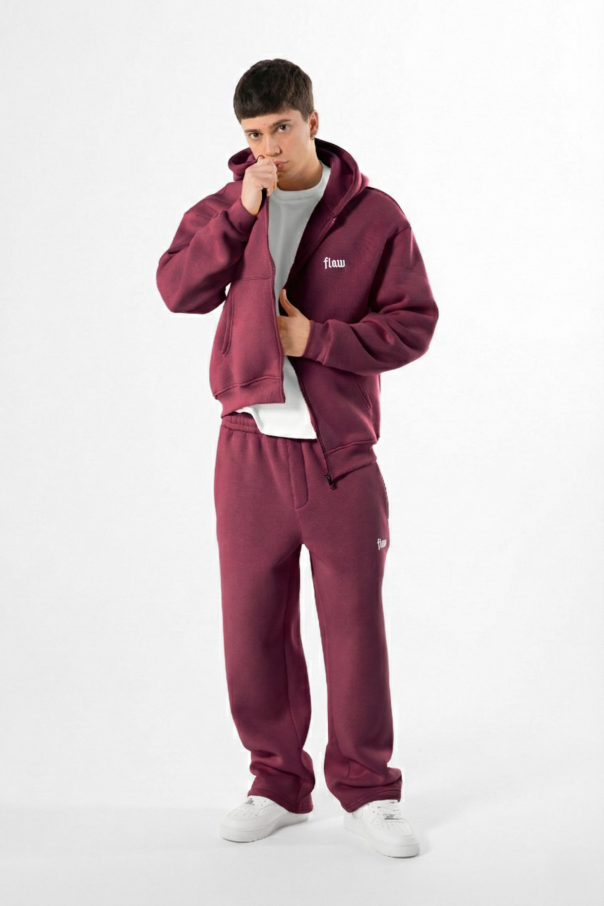 Flaw Embroidered Burgundy Zip Hoodie