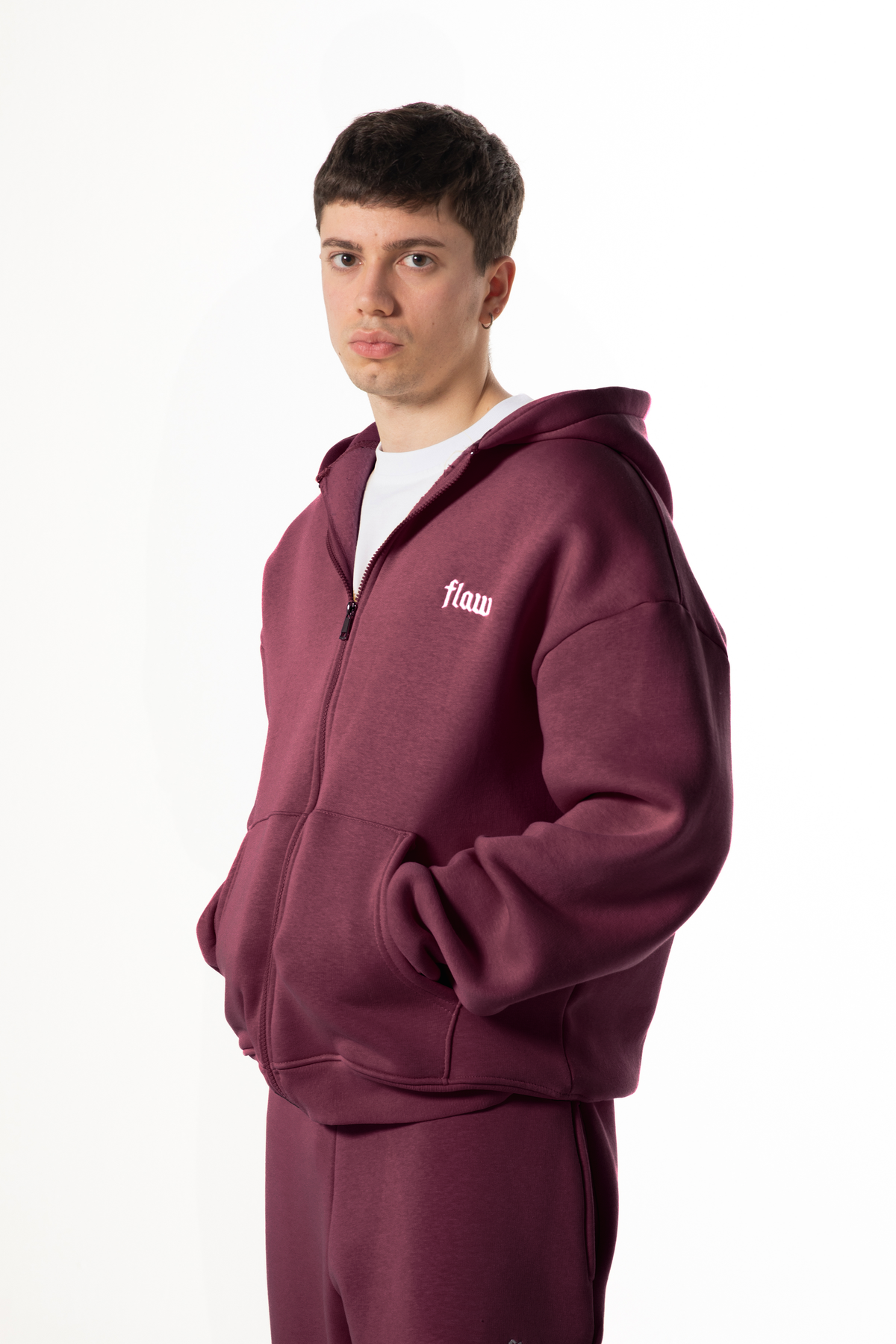 Flaw Embroidered Burgundy Zip Hoodie