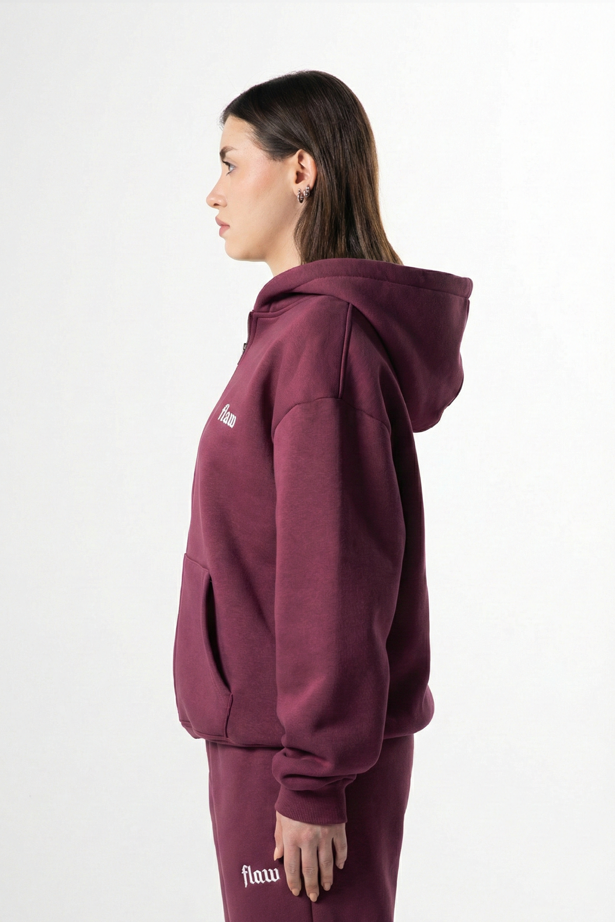 Flaw Embroidered Burgundy Zip Hoodie