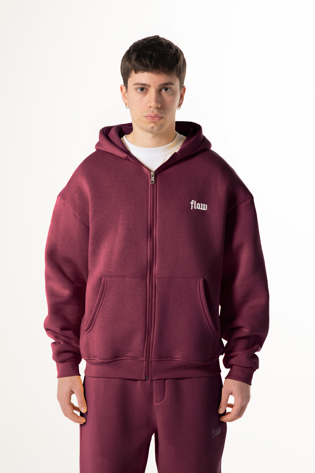 Flaw Embroidered Burgundy Zip Hoodie