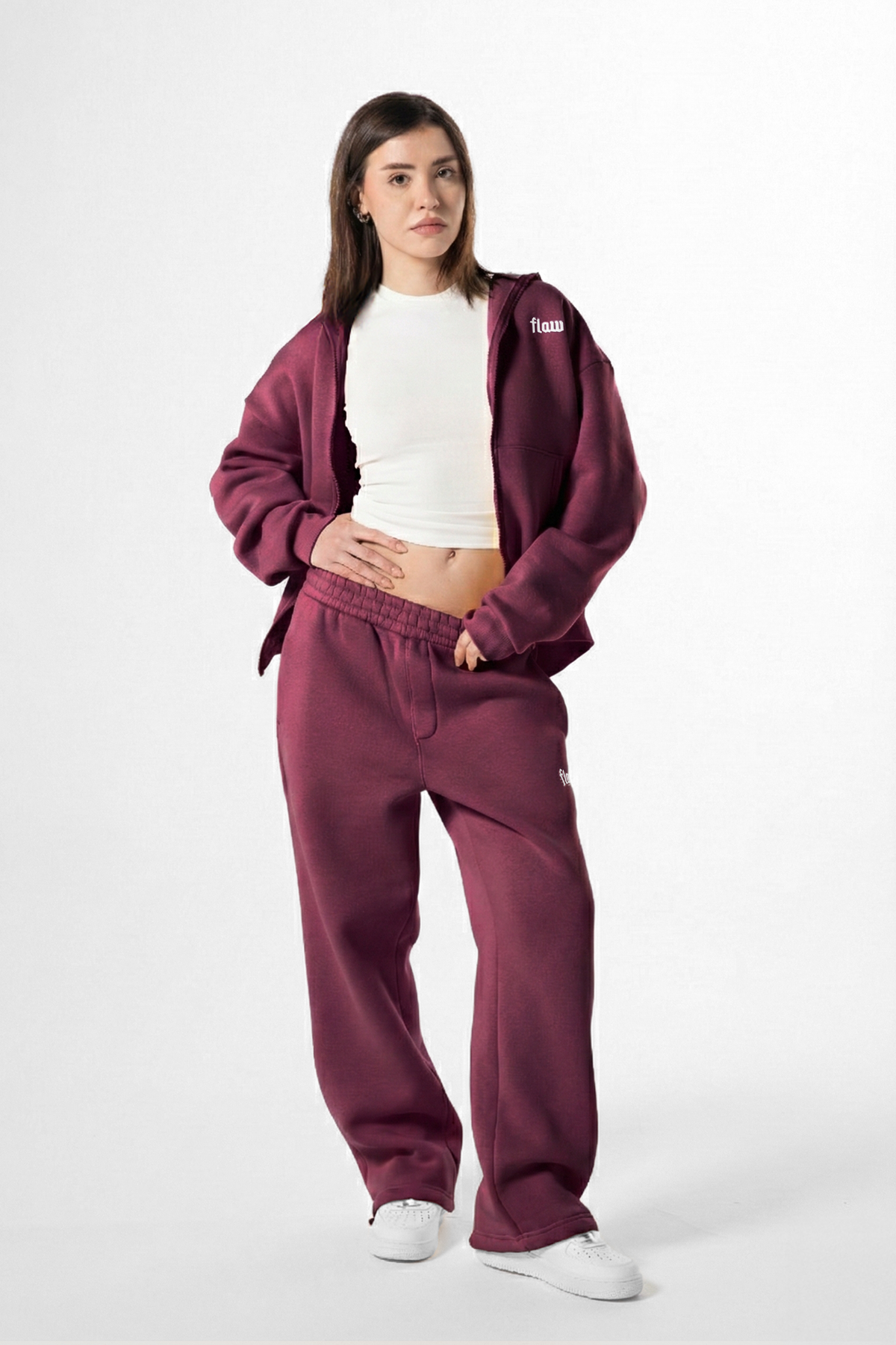 Flaw Embroidered Burgundy Zip Hoodie