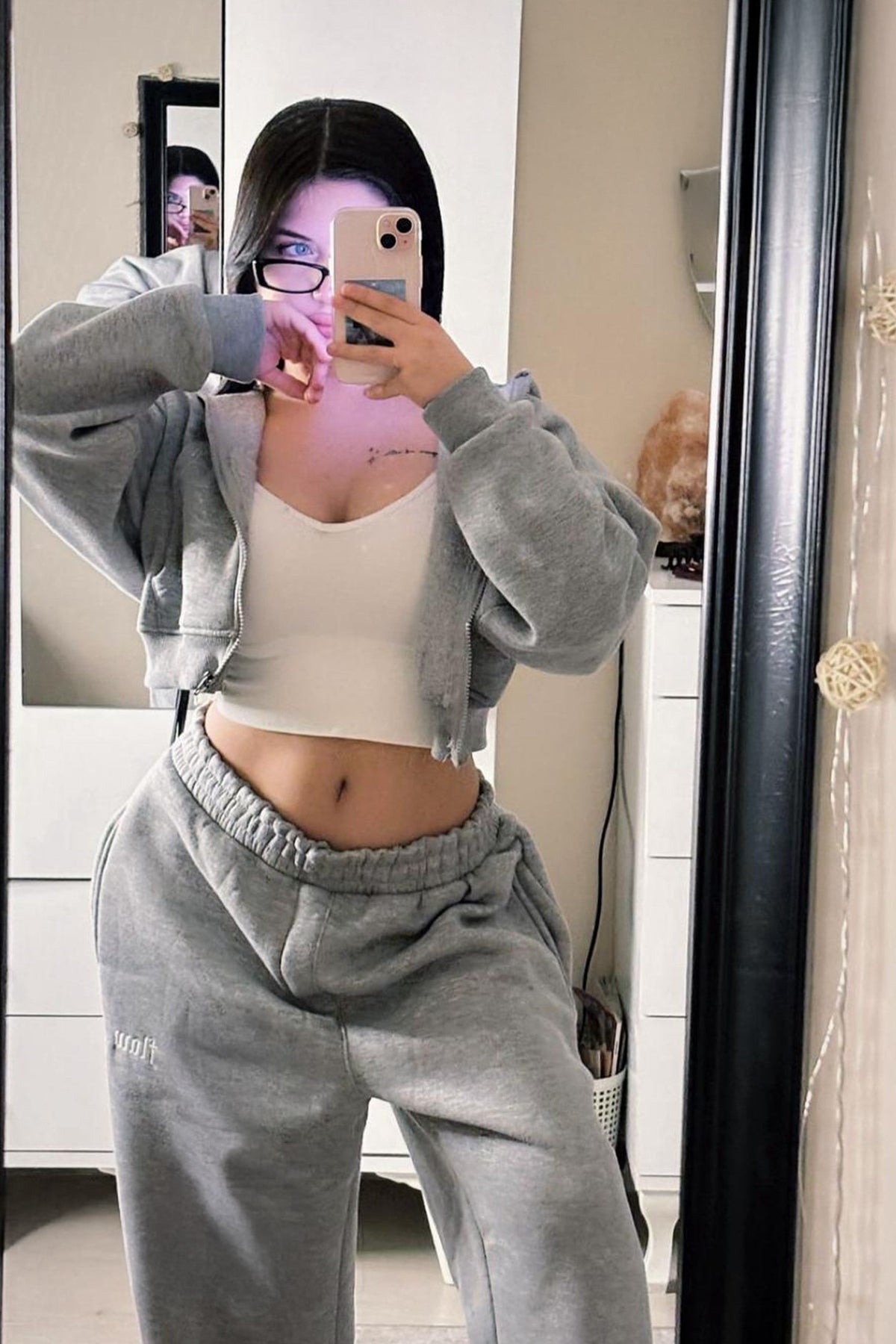 Flaw Embroidered Grey Melange Zip Crop