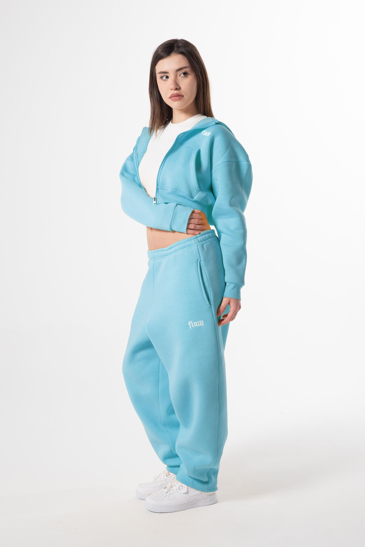 Flaw Embroidered Blue Zip Crop