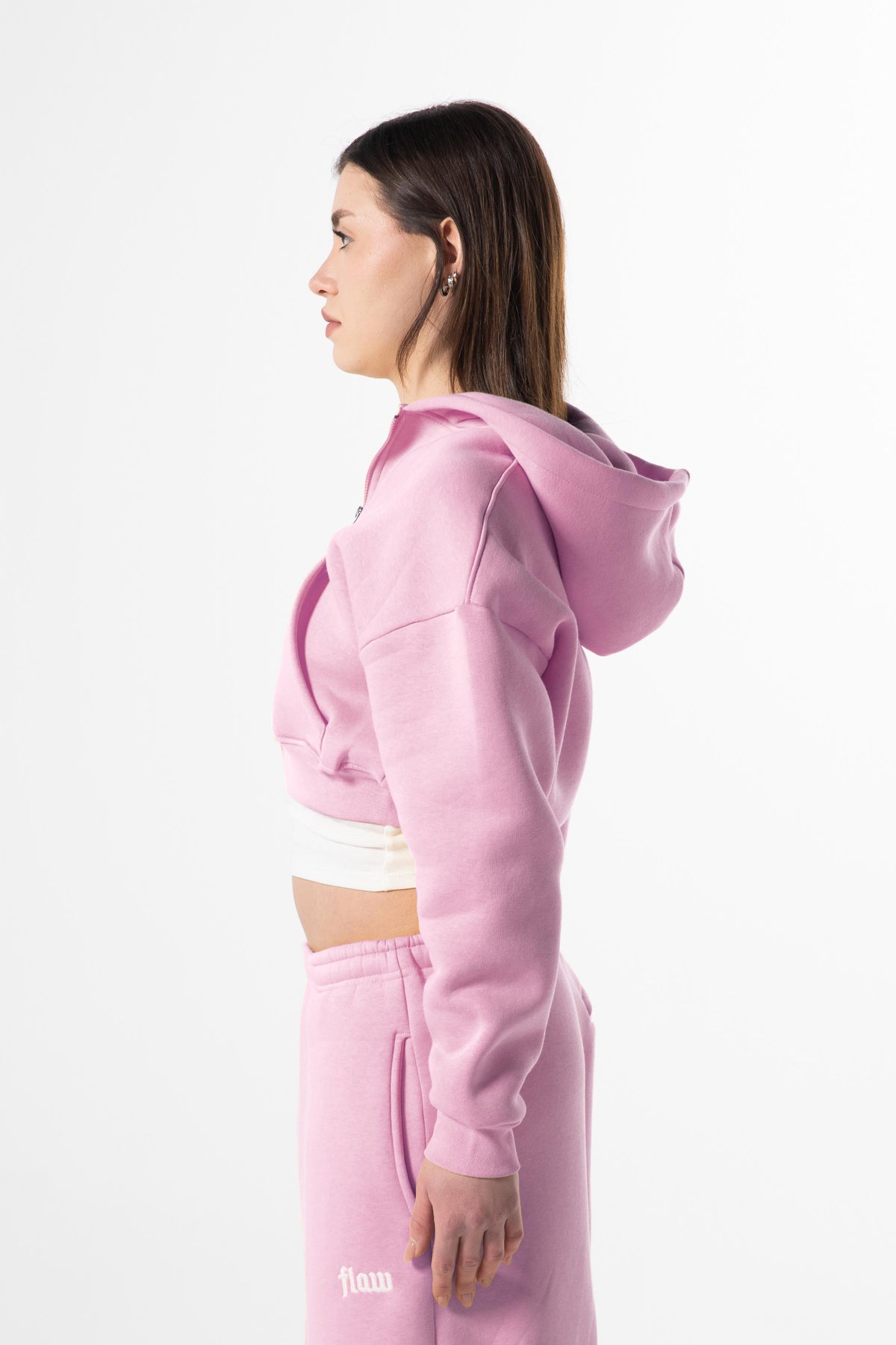 Flaw Embroidered Pink Zip Crop