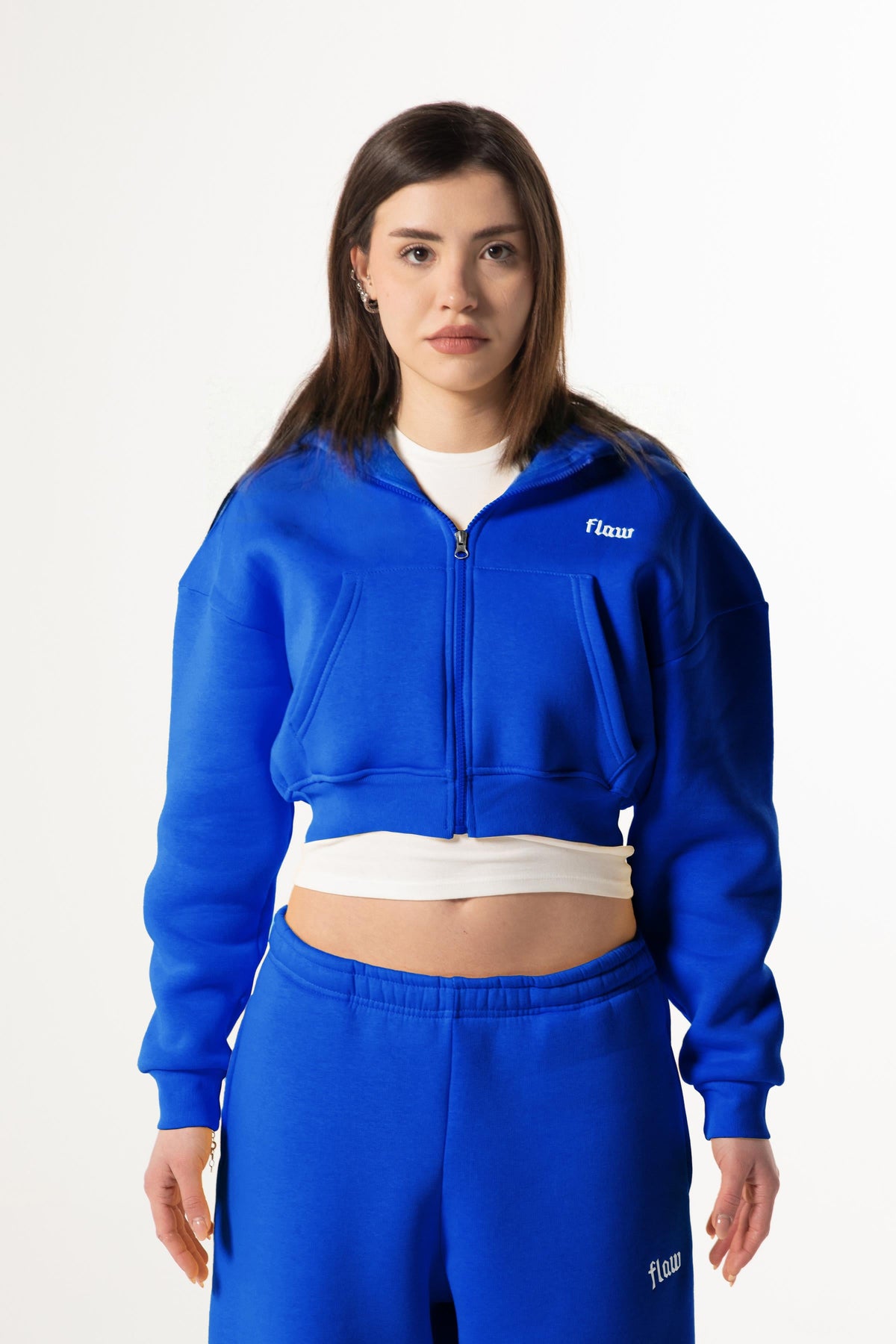 Flaw Embroidered Flower Pot Blue Zip Crop