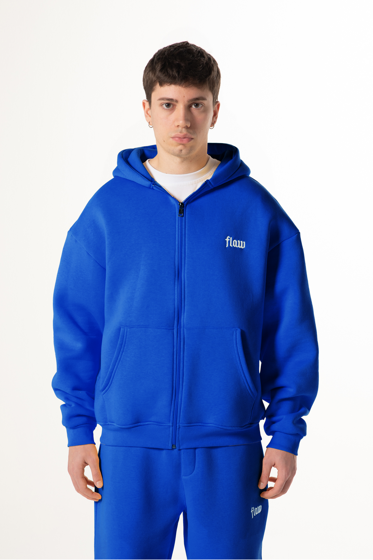 Flaw Embroidered Navy Blue Zip Hoodie