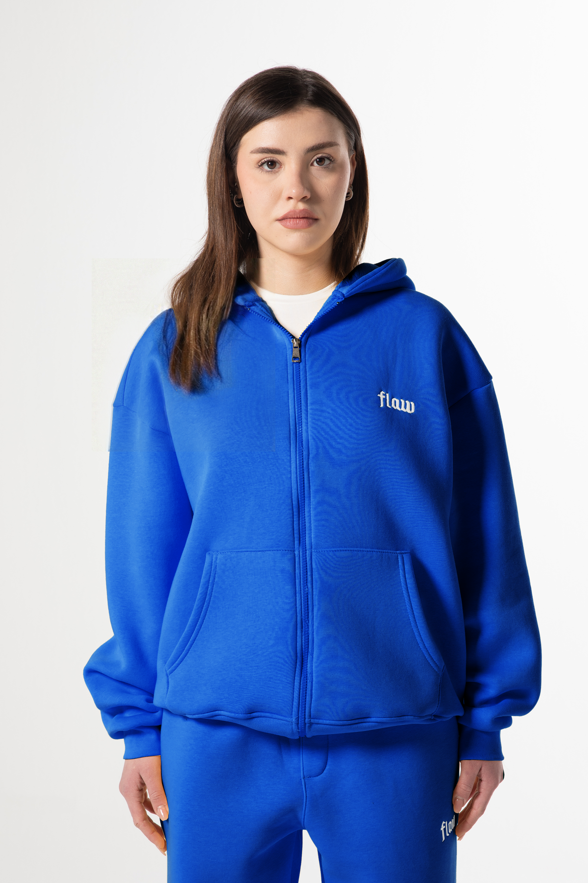 Flaw Embroidered Navy Blue Zip Hoodie