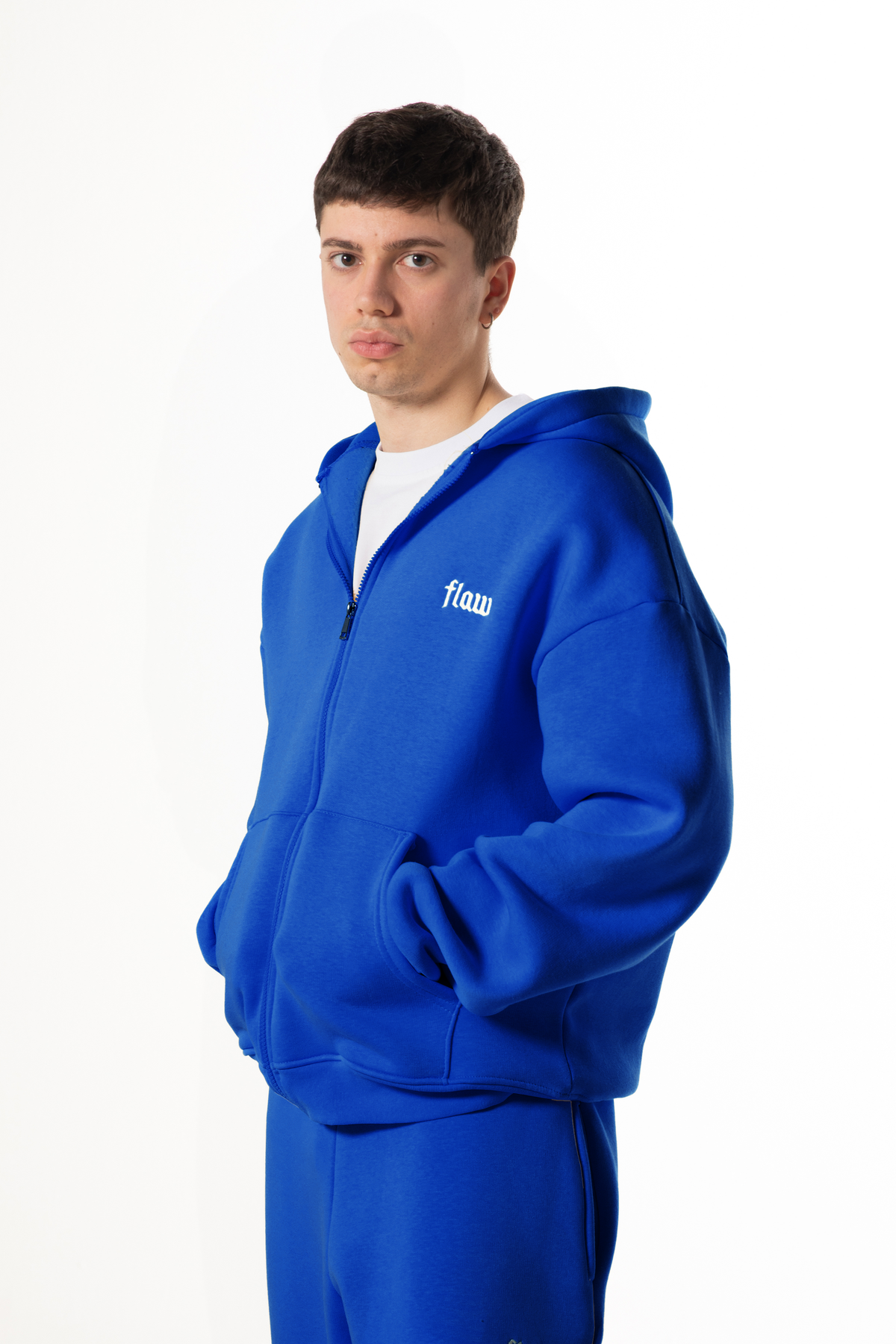 Flaw Embroidered Navy Blue Zip Hoodie