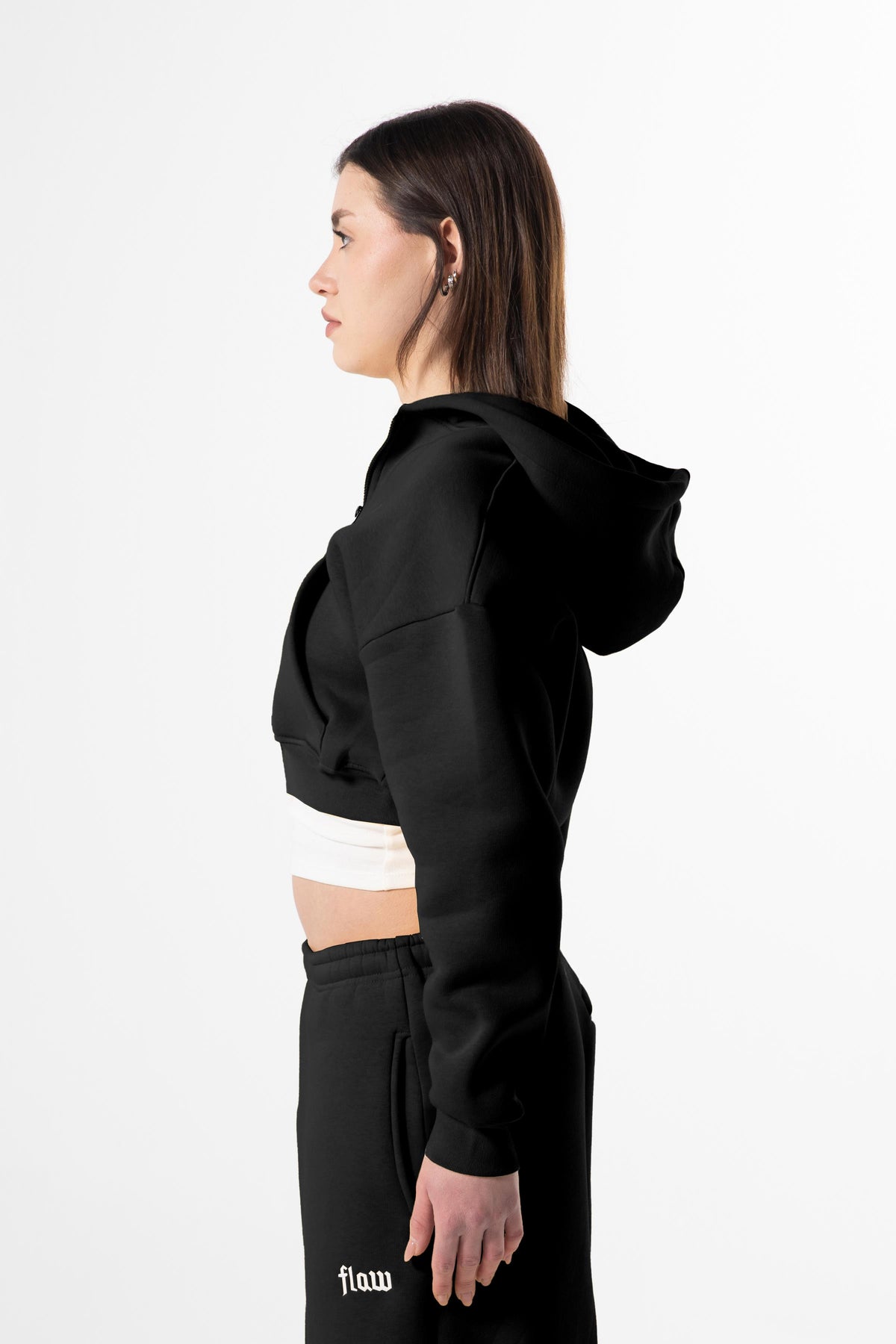 Flaw Embroidered Black Zip Crop