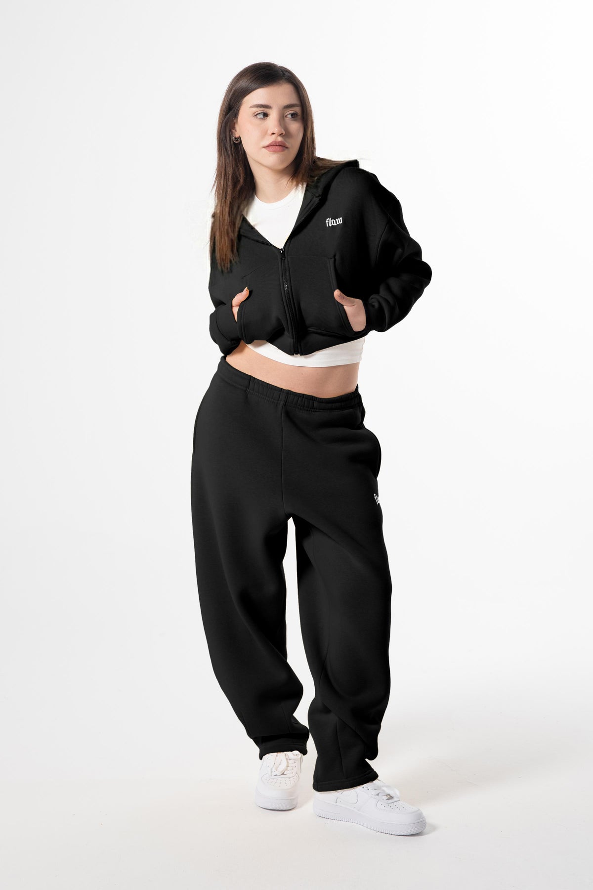 Flaw Embroidered Black Zip Crop
