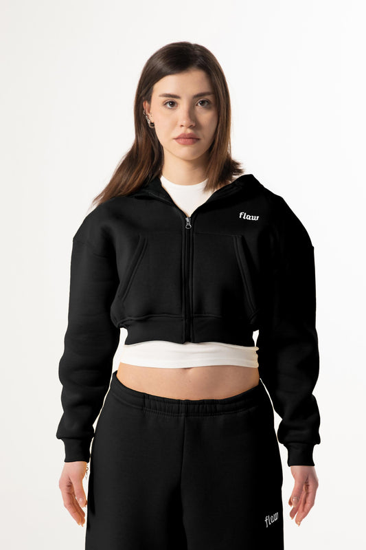 Flaw Embroidered Black Zip Crop