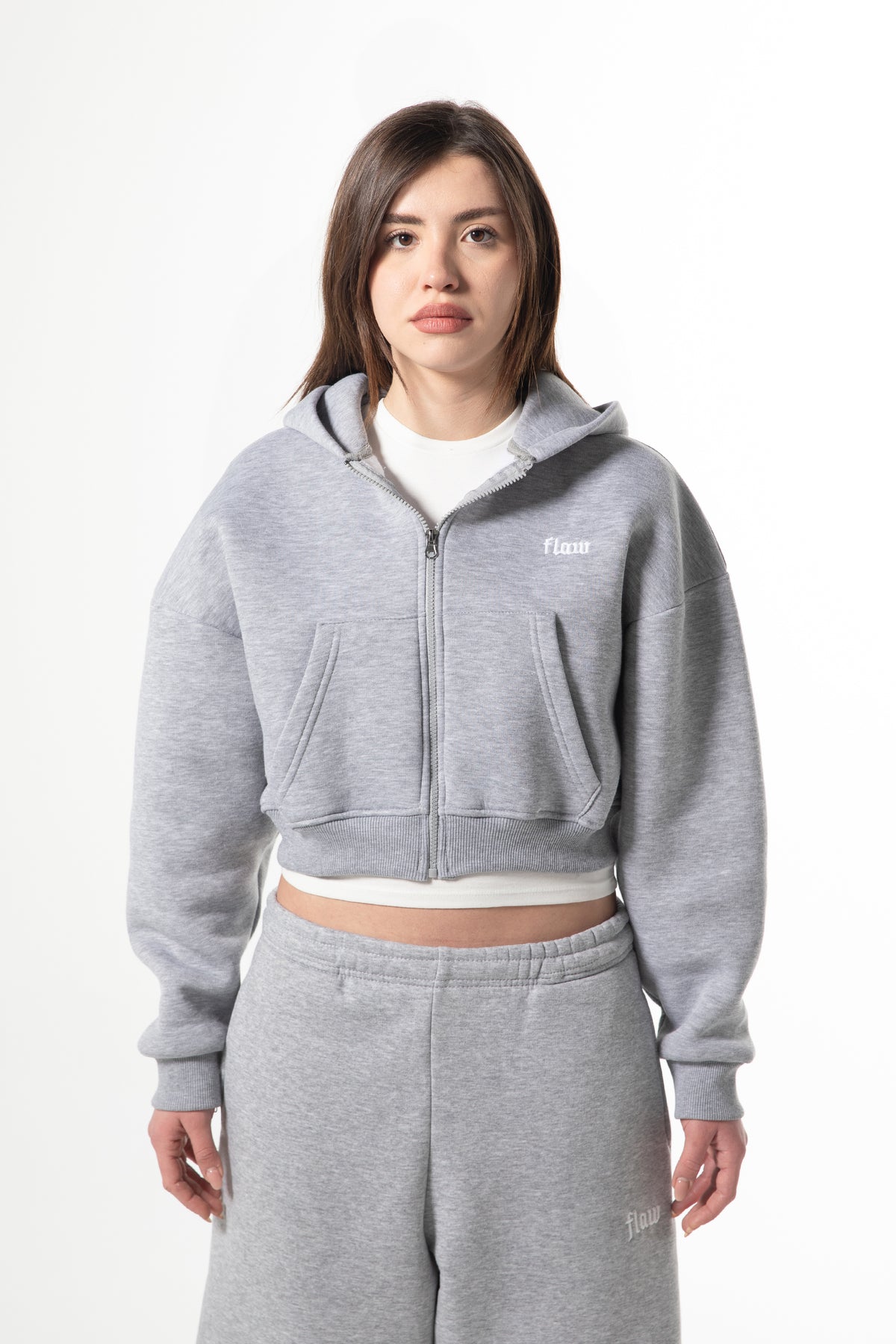 Flaw Embroidered Grey Melange Zip Crop