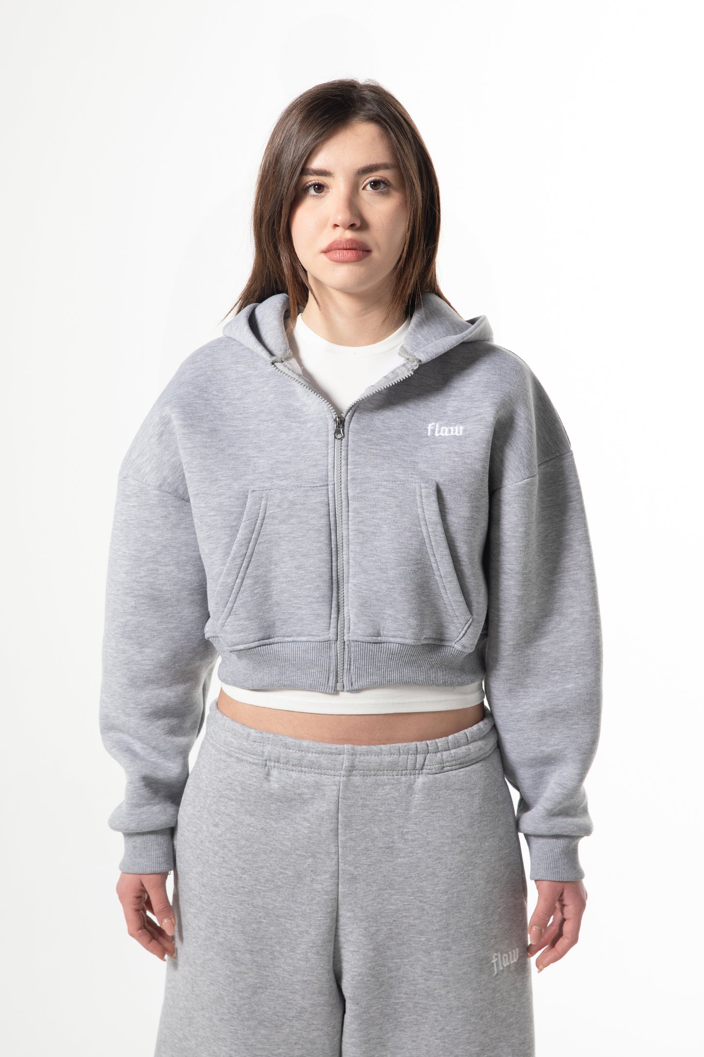 Flaw Embroidered Grey Melange Zip Crop
