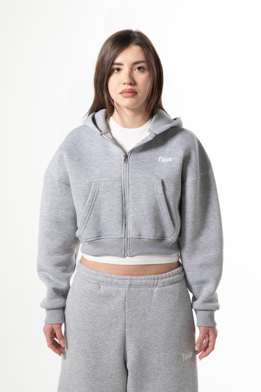 Flaw Embroidered Grey Melange Zip Crop