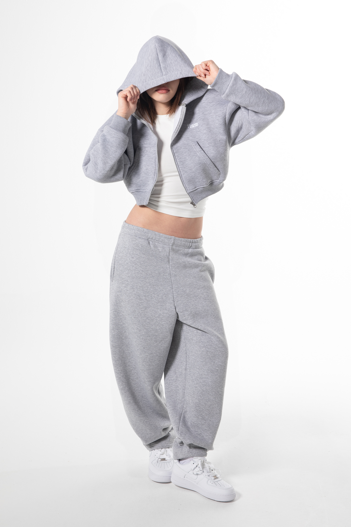 Flaw Embroidered Grey Melange Zip Crop