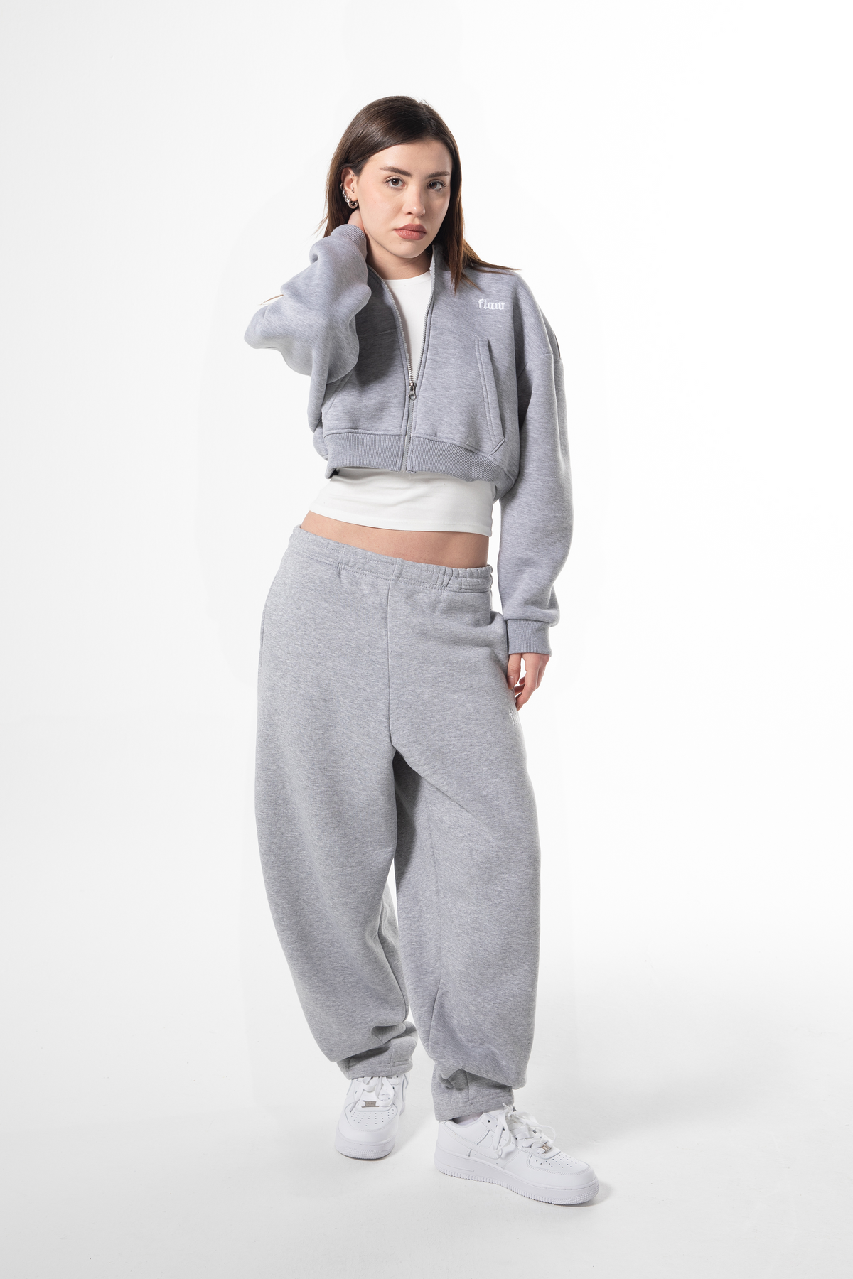 Flaw Embroidered Grey Melange Zip Crop
