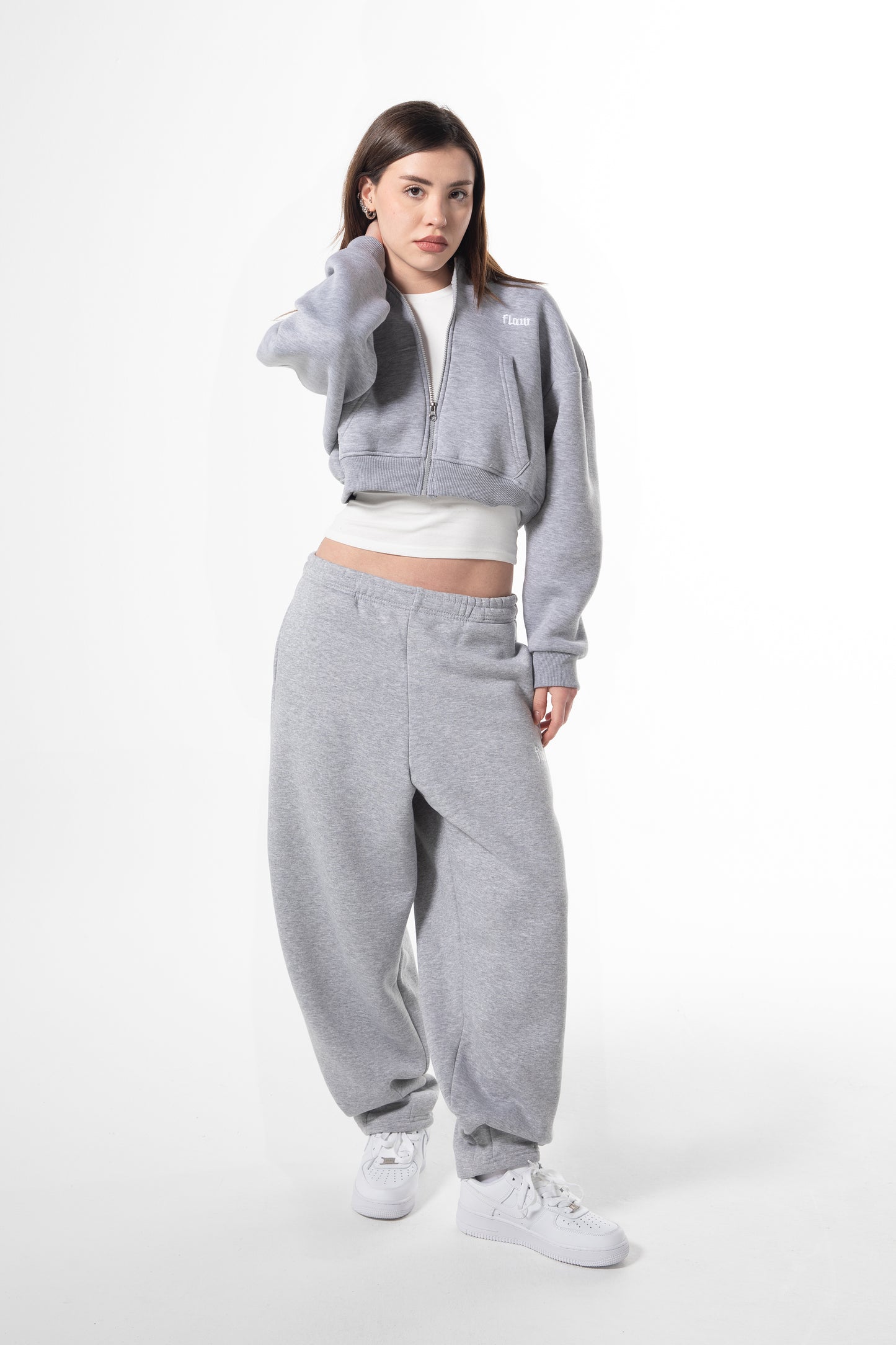 Flaw Embroidered Grey Melange Zip Crop