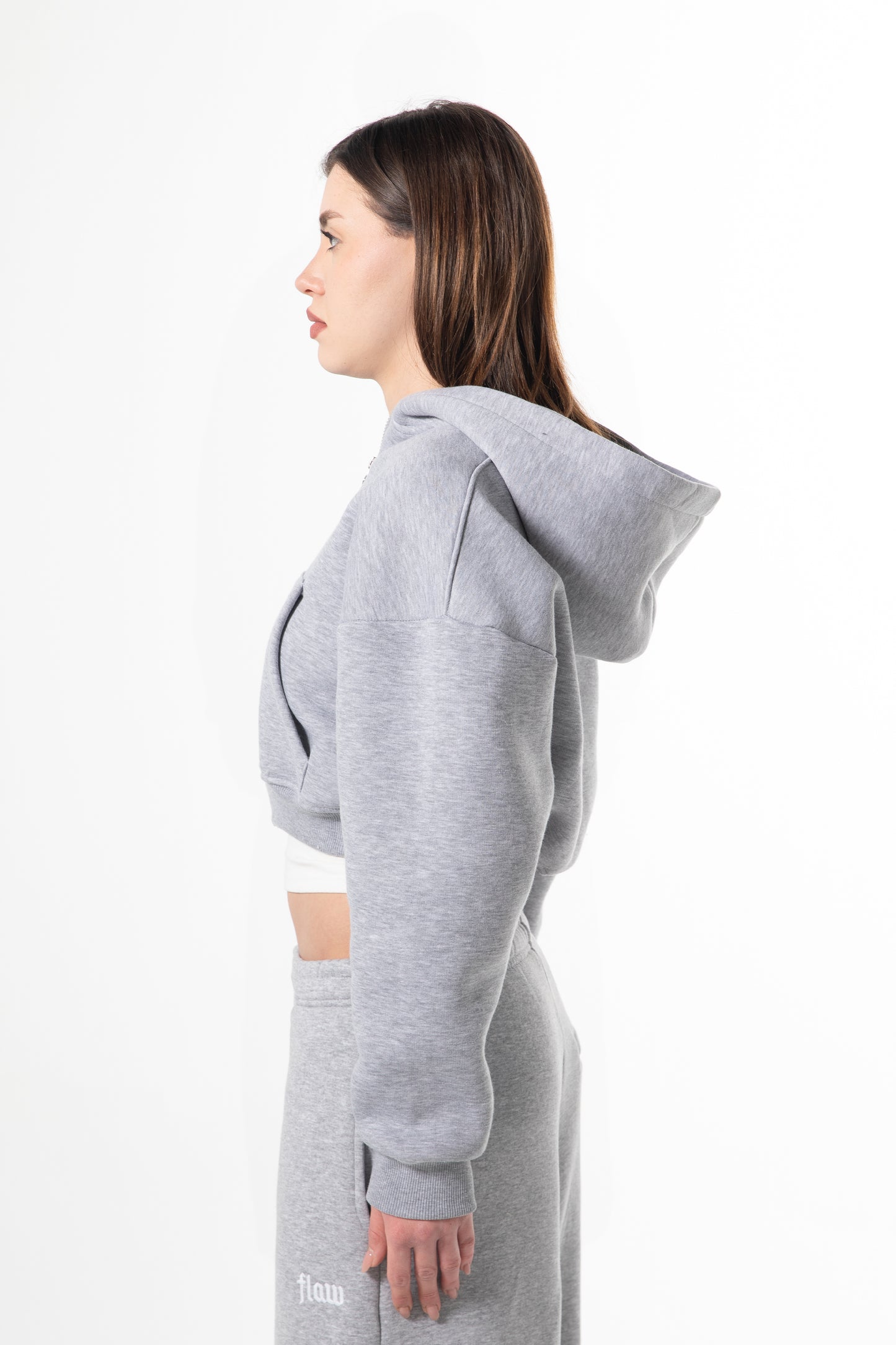 Flaw Embroidered Grey Melange Zip Crop