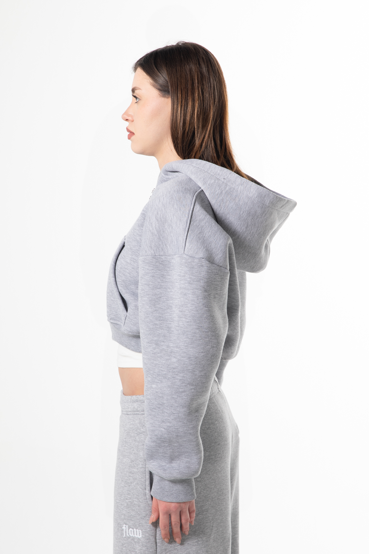 Flaw Embroidered Grey Melange Zip Crop