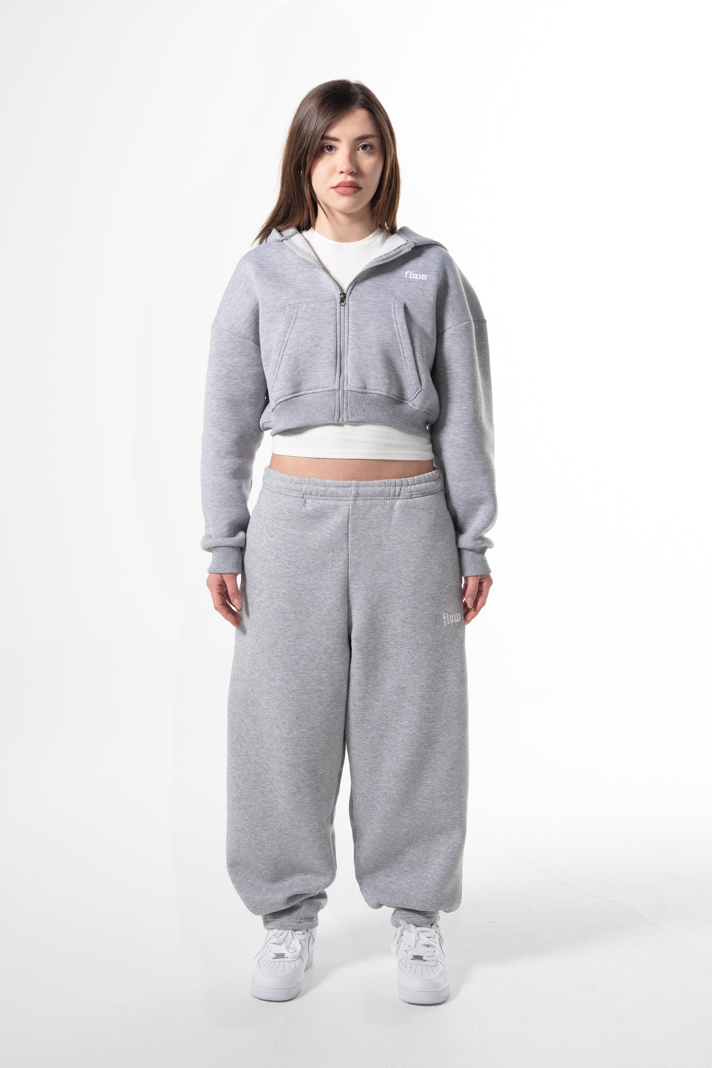 Flaw Embroidered Grey Melange Zip Crop