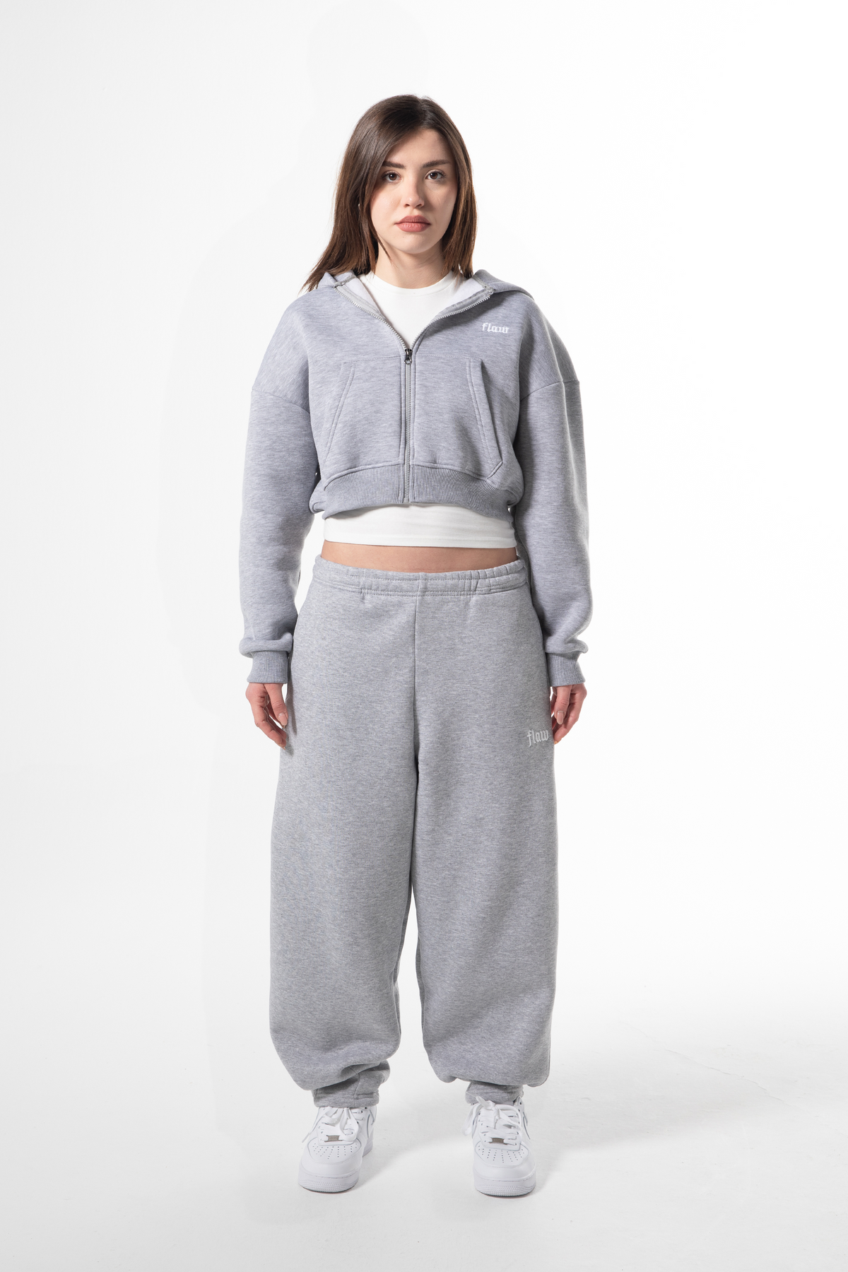 Flaw Embroidered Grey Melange Zip Crop
