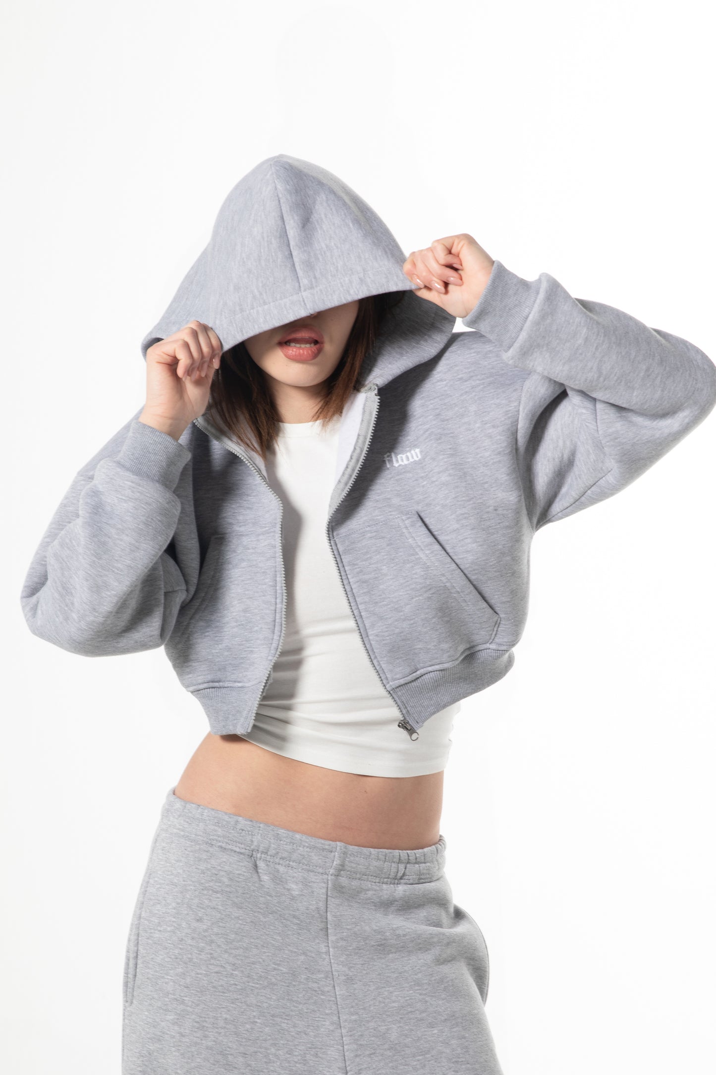 Flaw Embroidered Grey Melange Zip Crop
