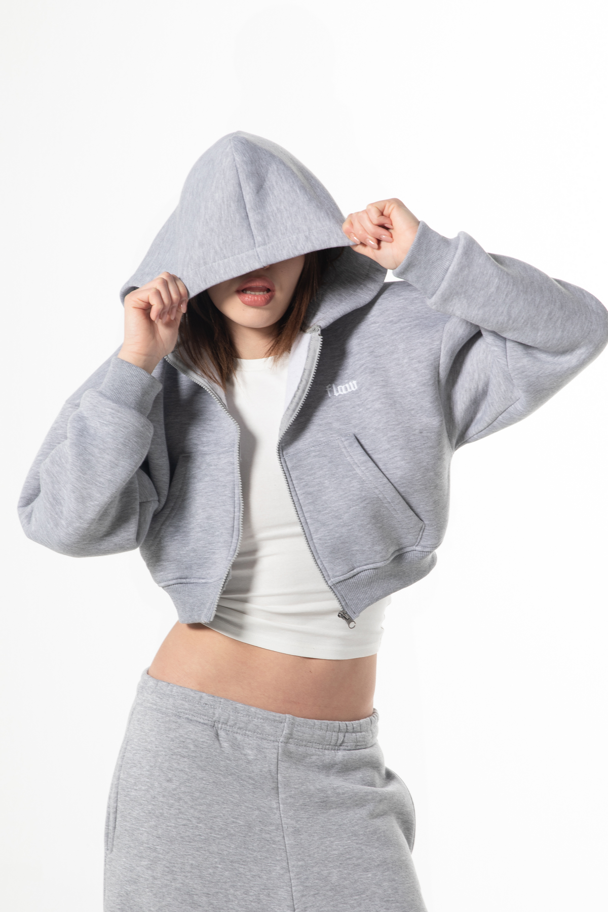 Flaw Embroidered Grey Melange Zip Crop