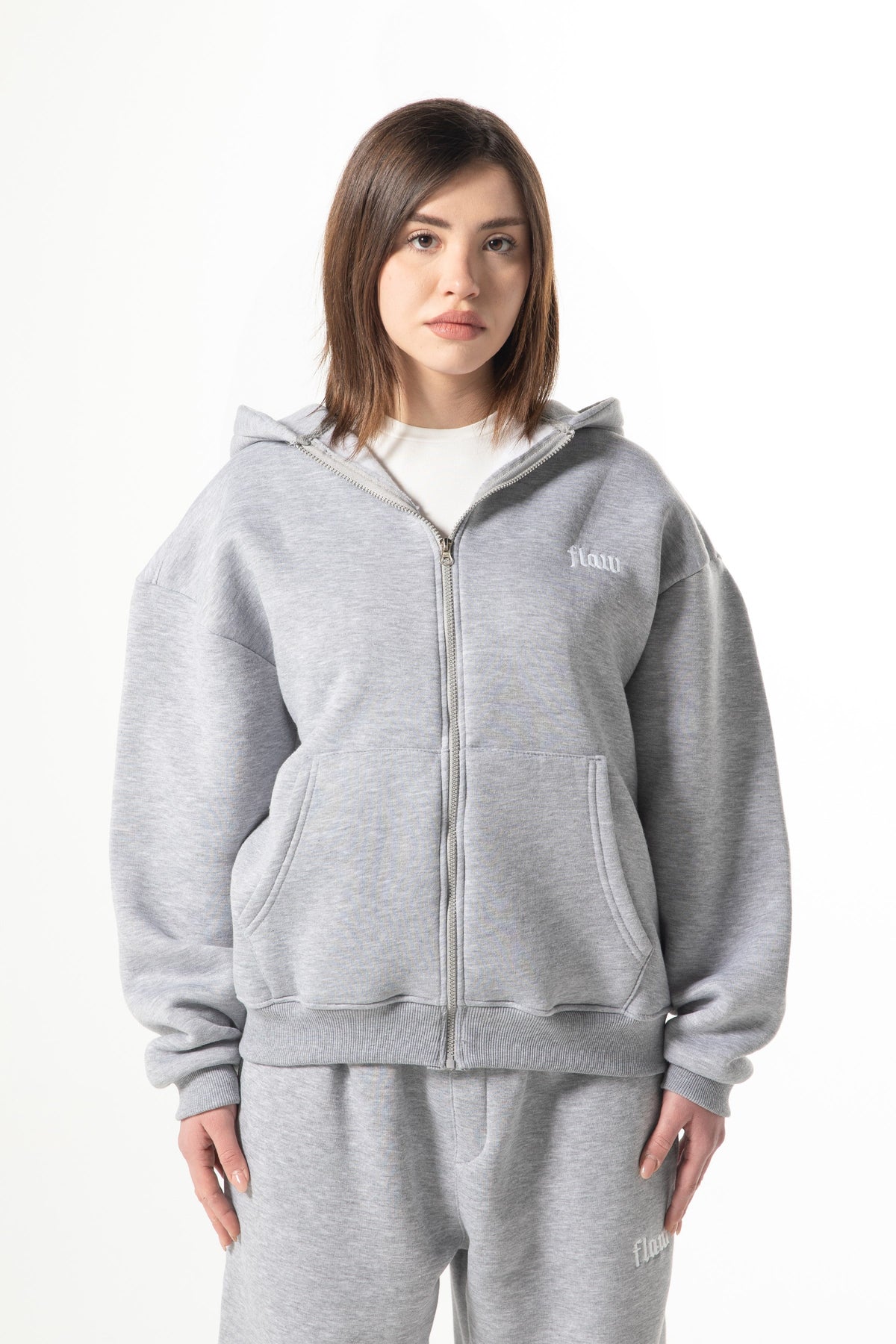 Flaw Embroidered Zip Hoodie Grey Melange