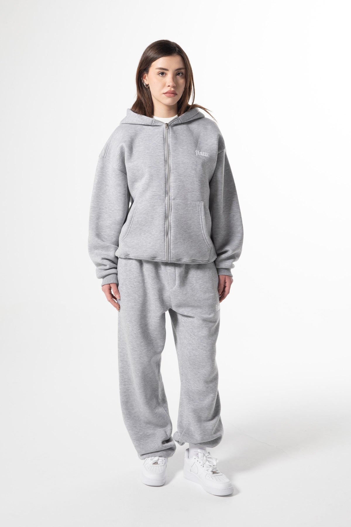 Flaw Embroidered Zip Hoodie Grey Melange