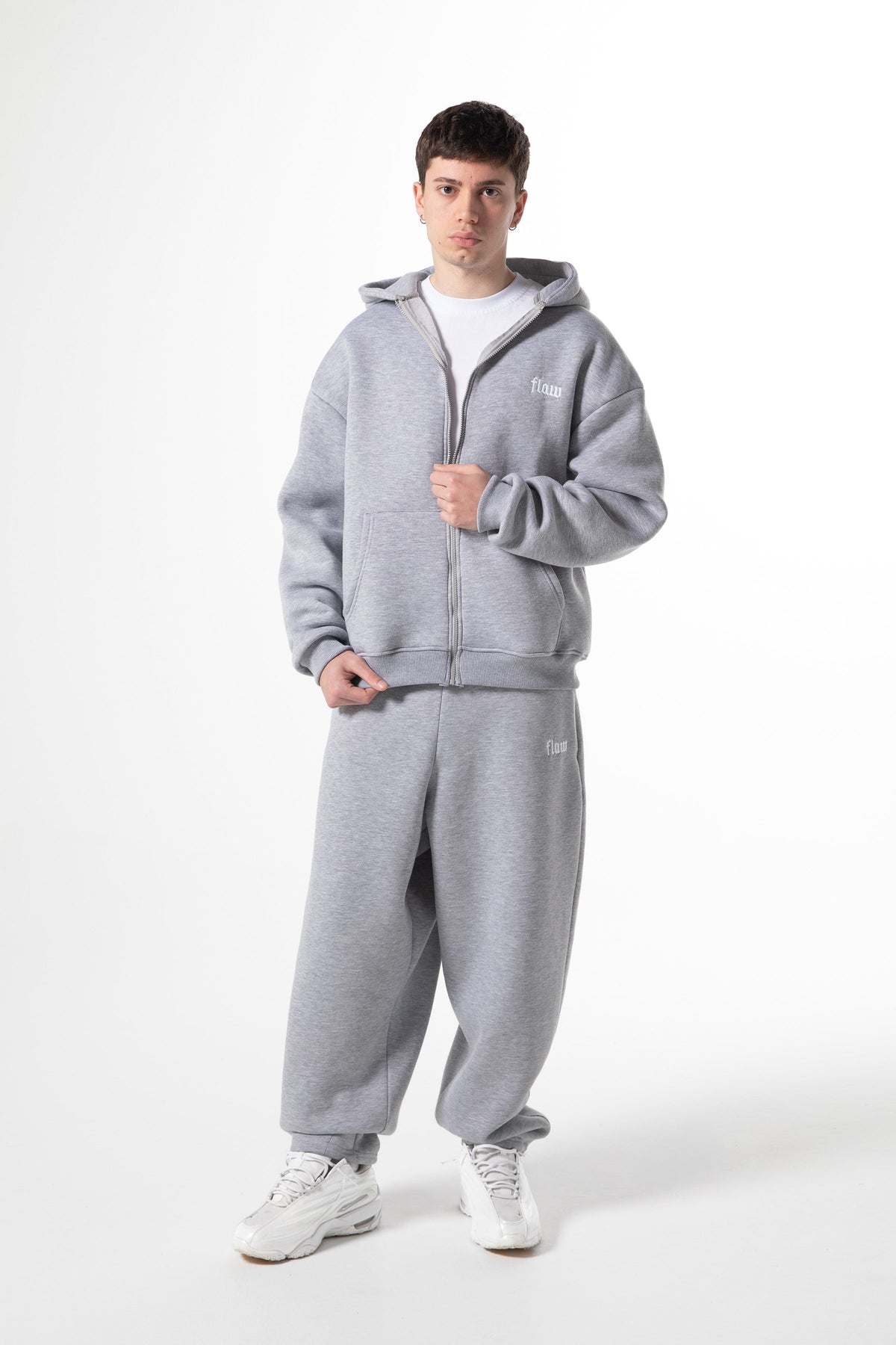 Flaw Embroidered Zip Hoodie Grey Melange
