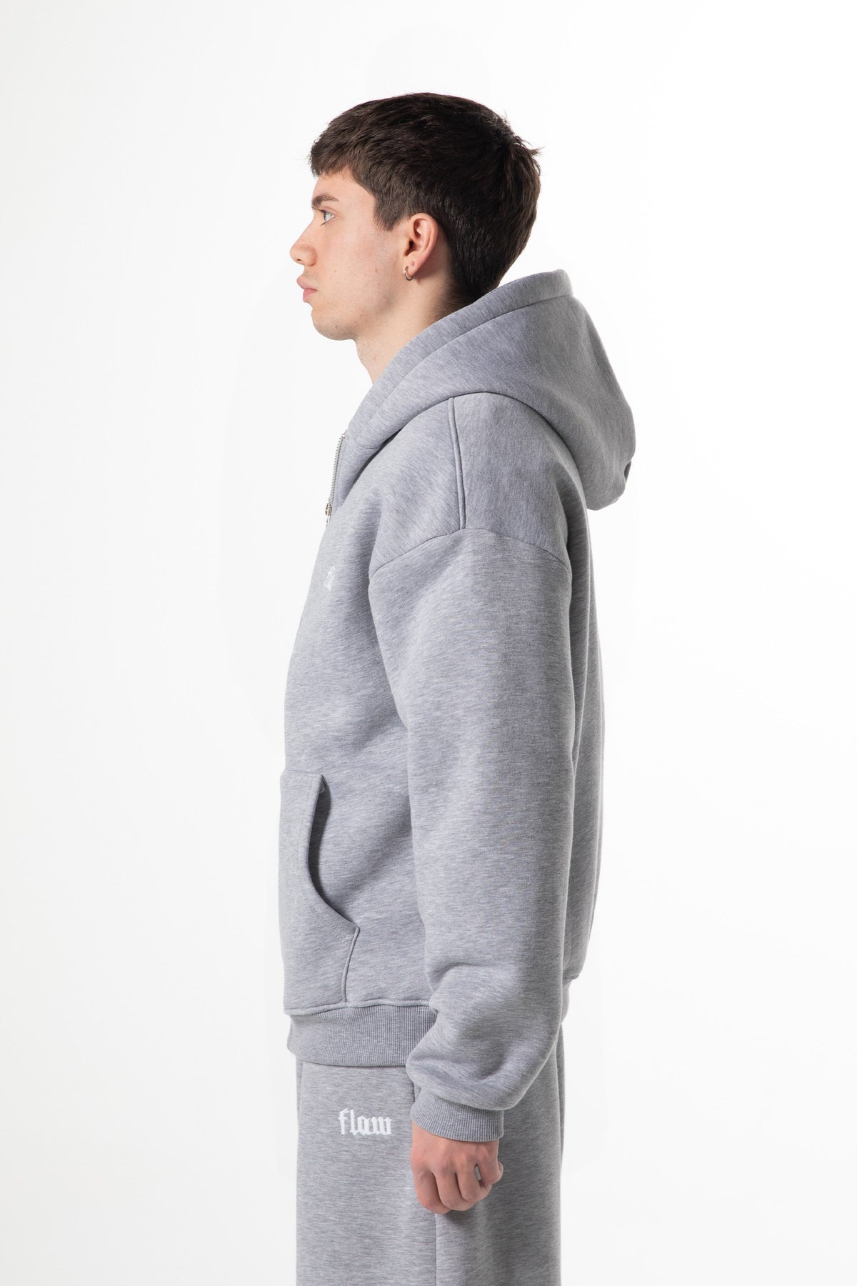 Flaw Embroidered Zip Hoodie Grey Melange