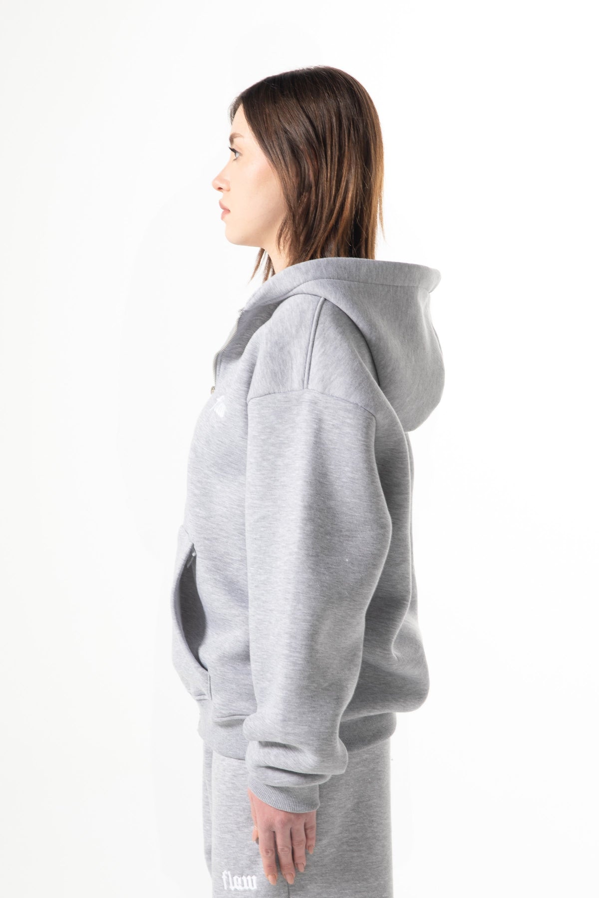 Flaw Embroidered Zip Hoodie Grey Melange
