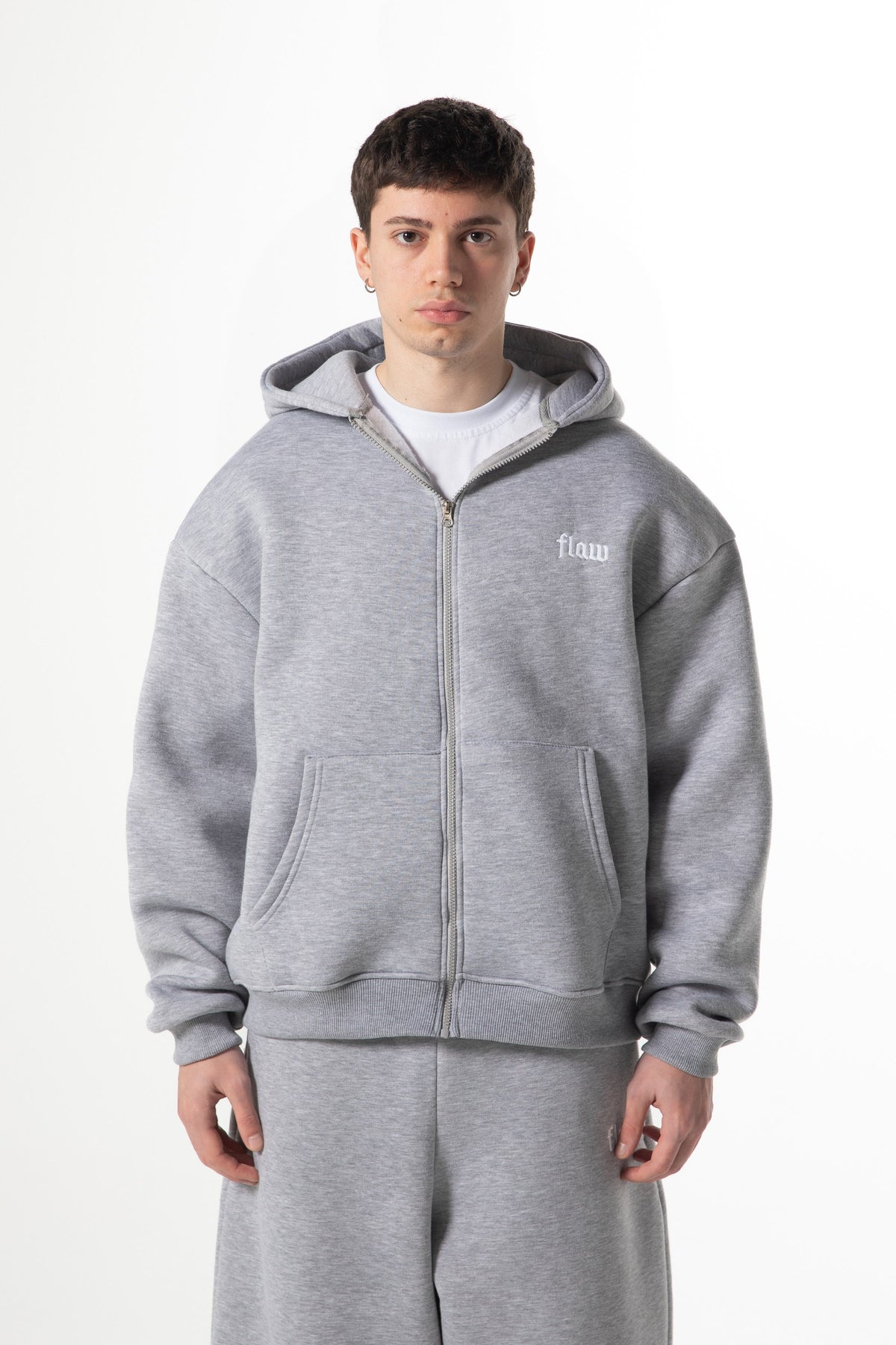 Flaw Embroidered Zip Hoodie Grey Melange