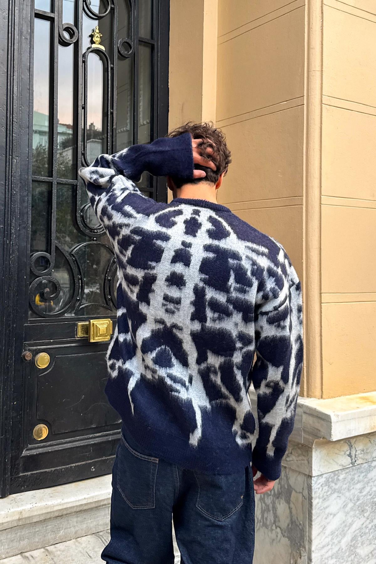 Geometric Pattern Sweater Navy Blue