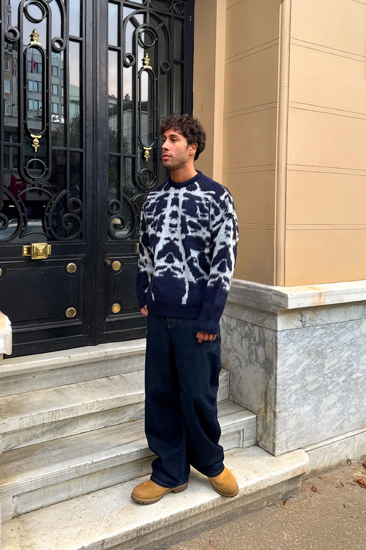 Geometric Pattern Sweater Navy Blue