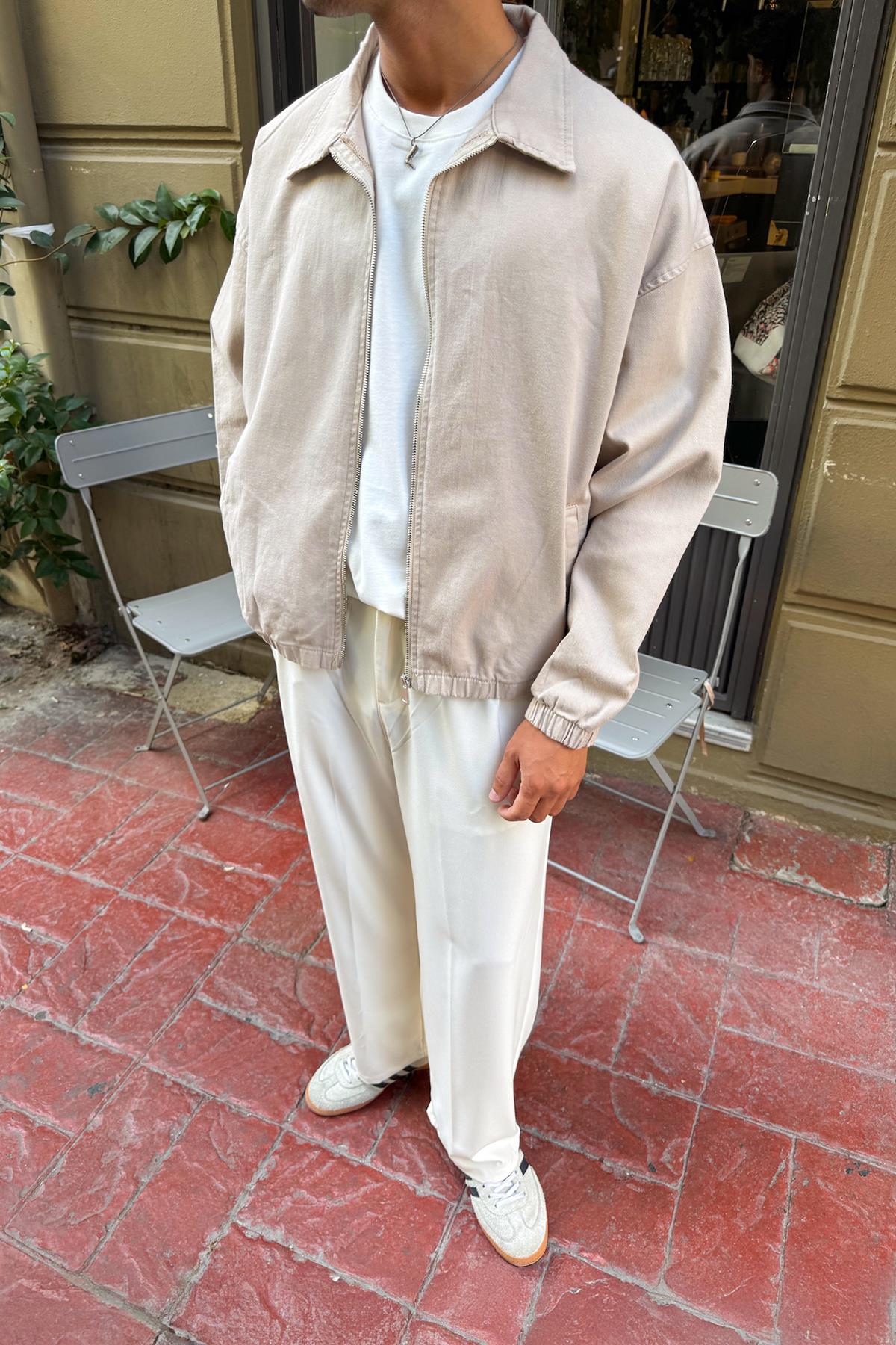 Shirt Collar Bomber Slim Jacket Beige
