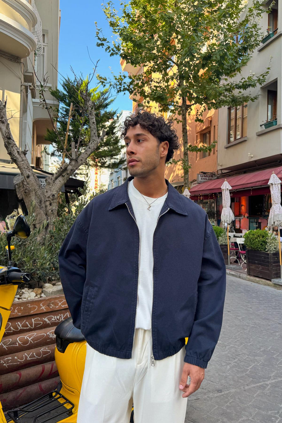 Shirt Collar Bomber Slim Jacket Navy Blue
