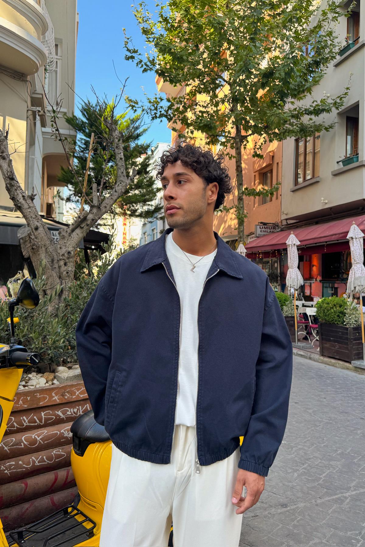 Shirt Collar Bomber Slim Jacket Navy Blue