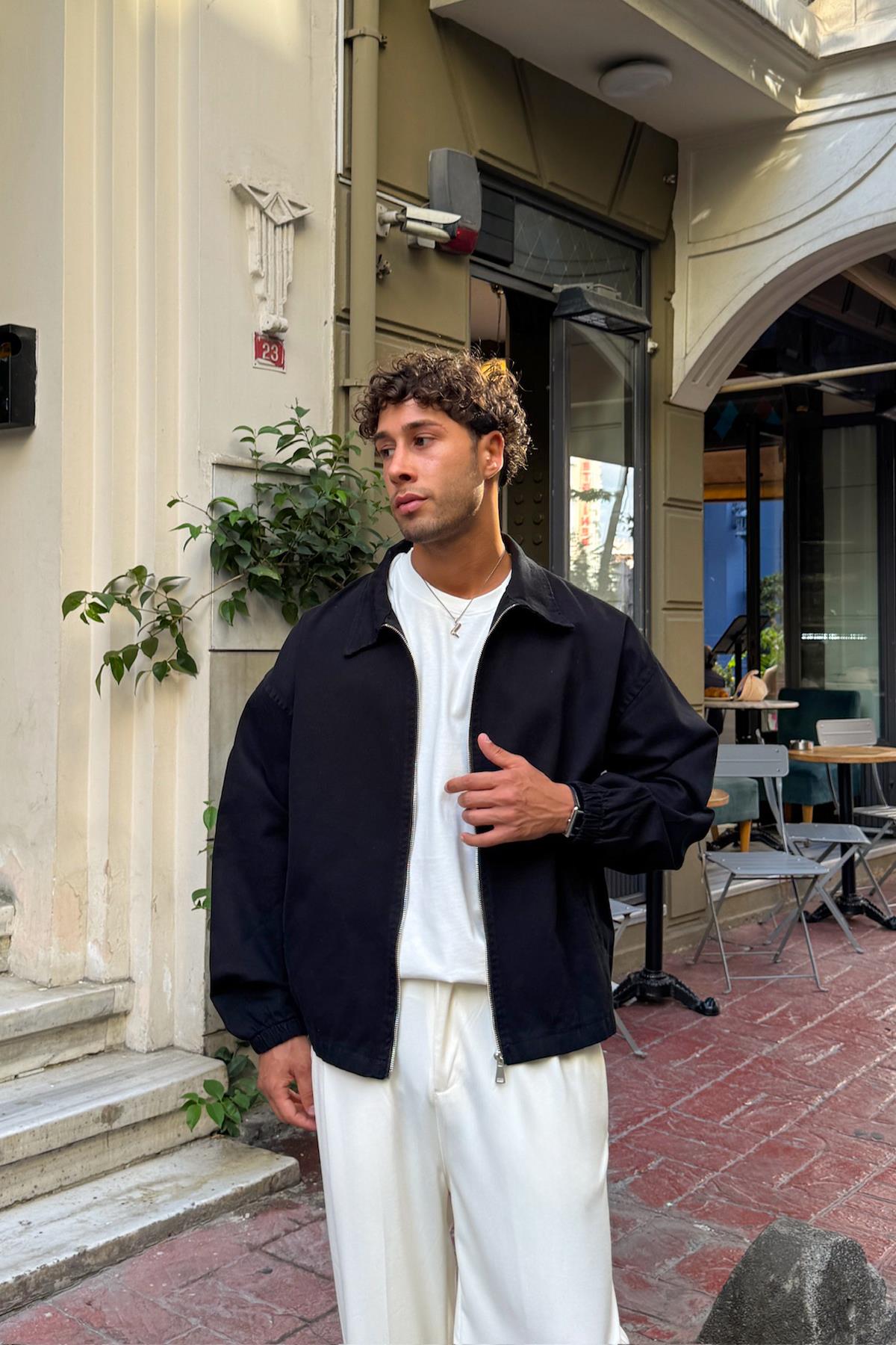 Shirt Collar Bomber Slim Jacket Black