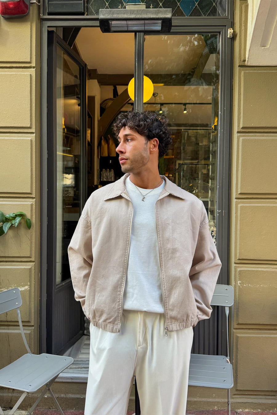 Shirt Collar Bomber Slim Jacket Beige