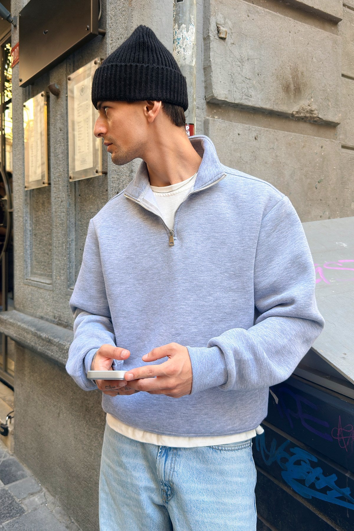 Melange Grey Half Zip Sweatshirt