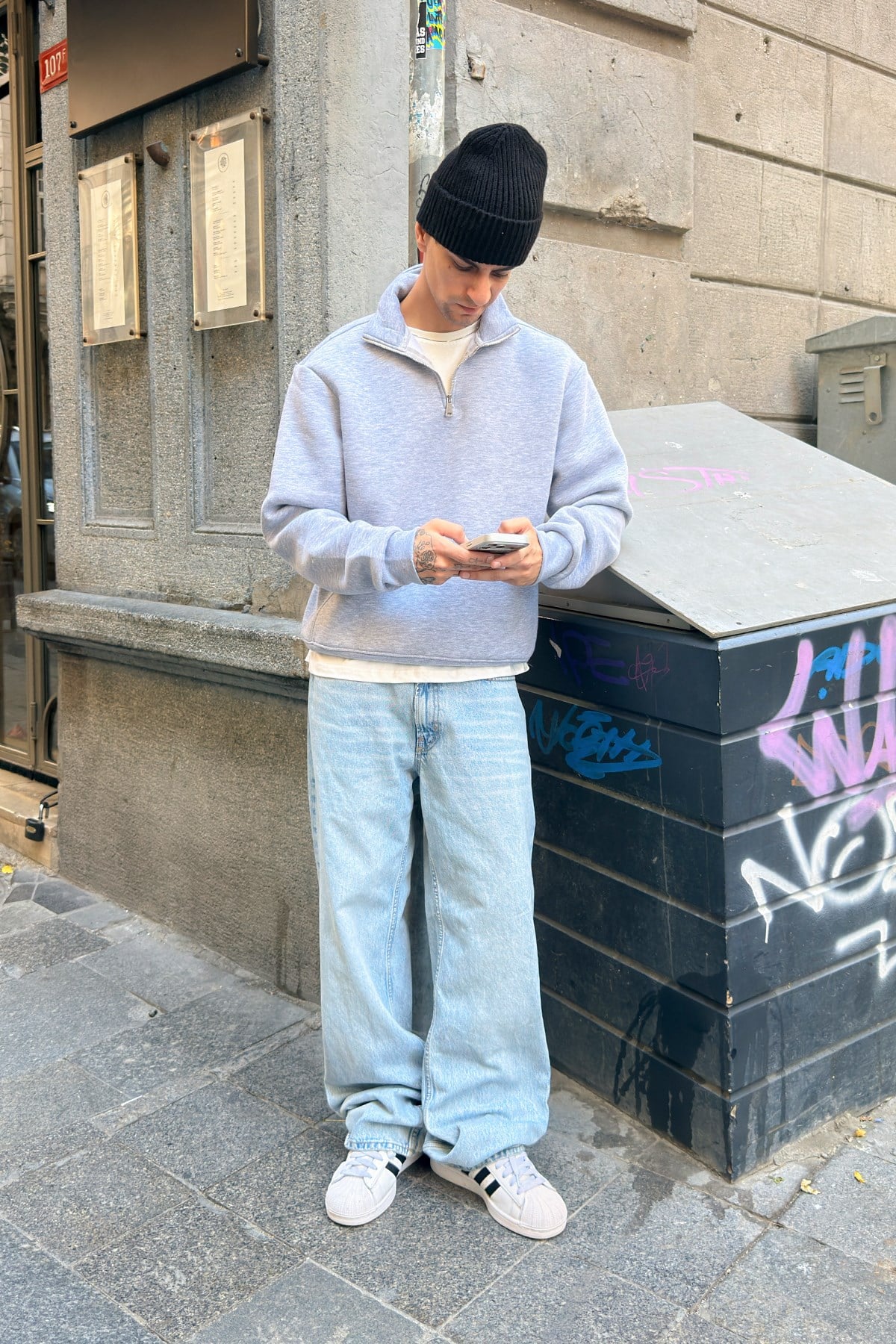 Melange Grey Half Zip Sweatshirt