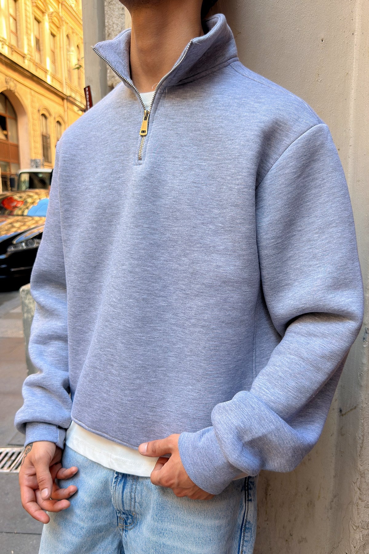 Melange Grey Half Zip Sweatshirt