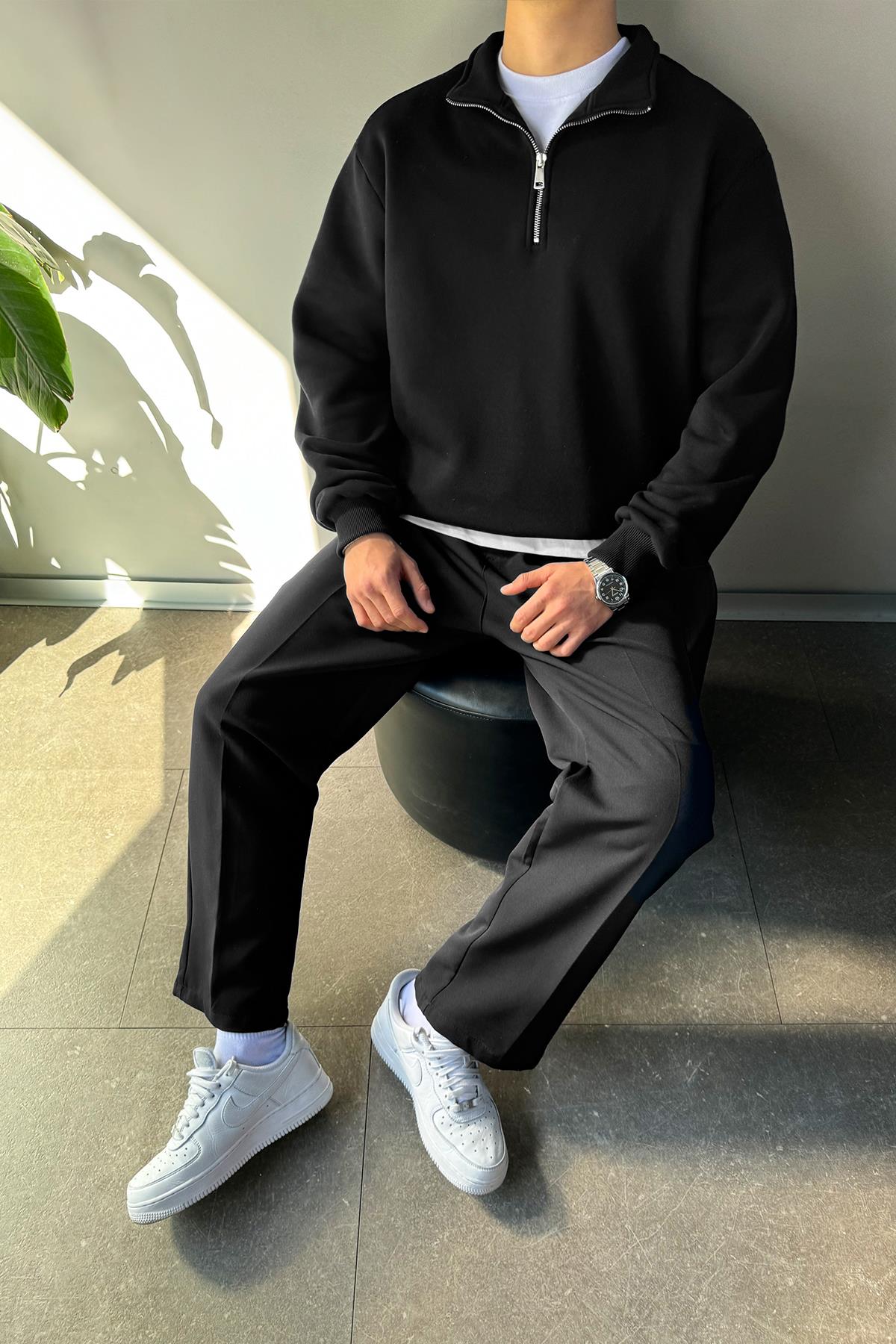 Half Zip Oversize Polo Shirt Black