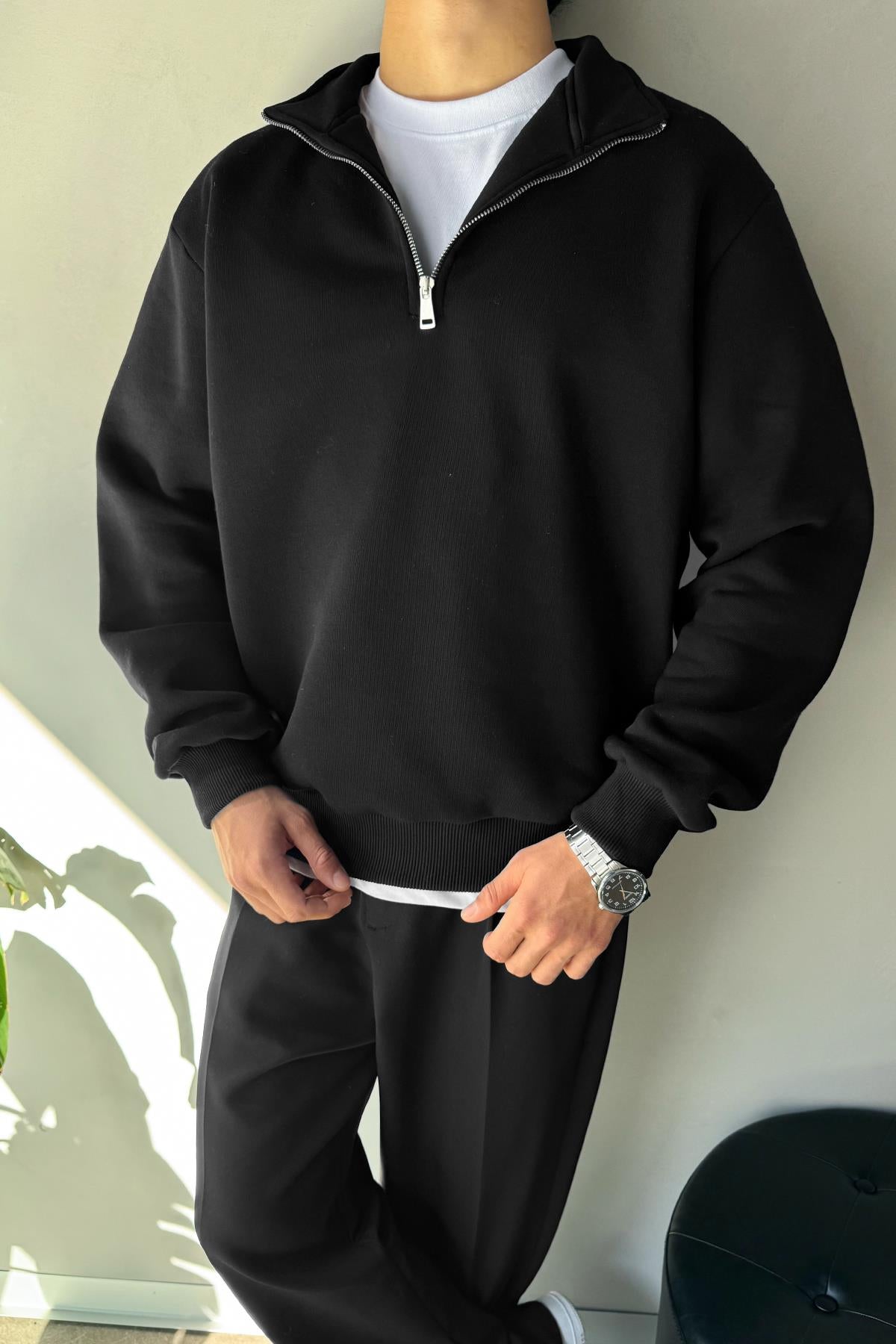 Half Zip Oversize Polo Shirt Black
