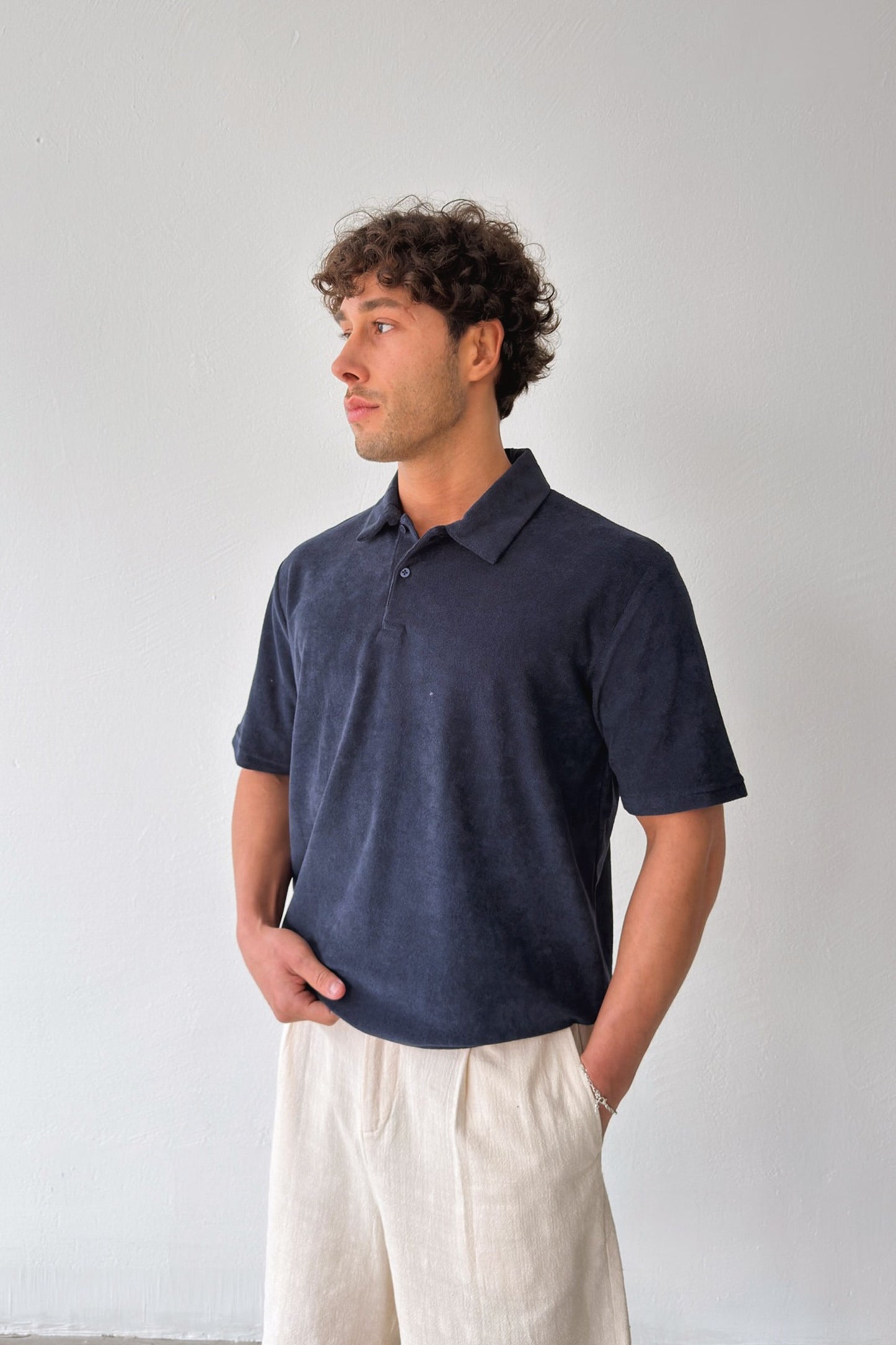 Terry Cloth Polo Collar Button-Down T-Shirt