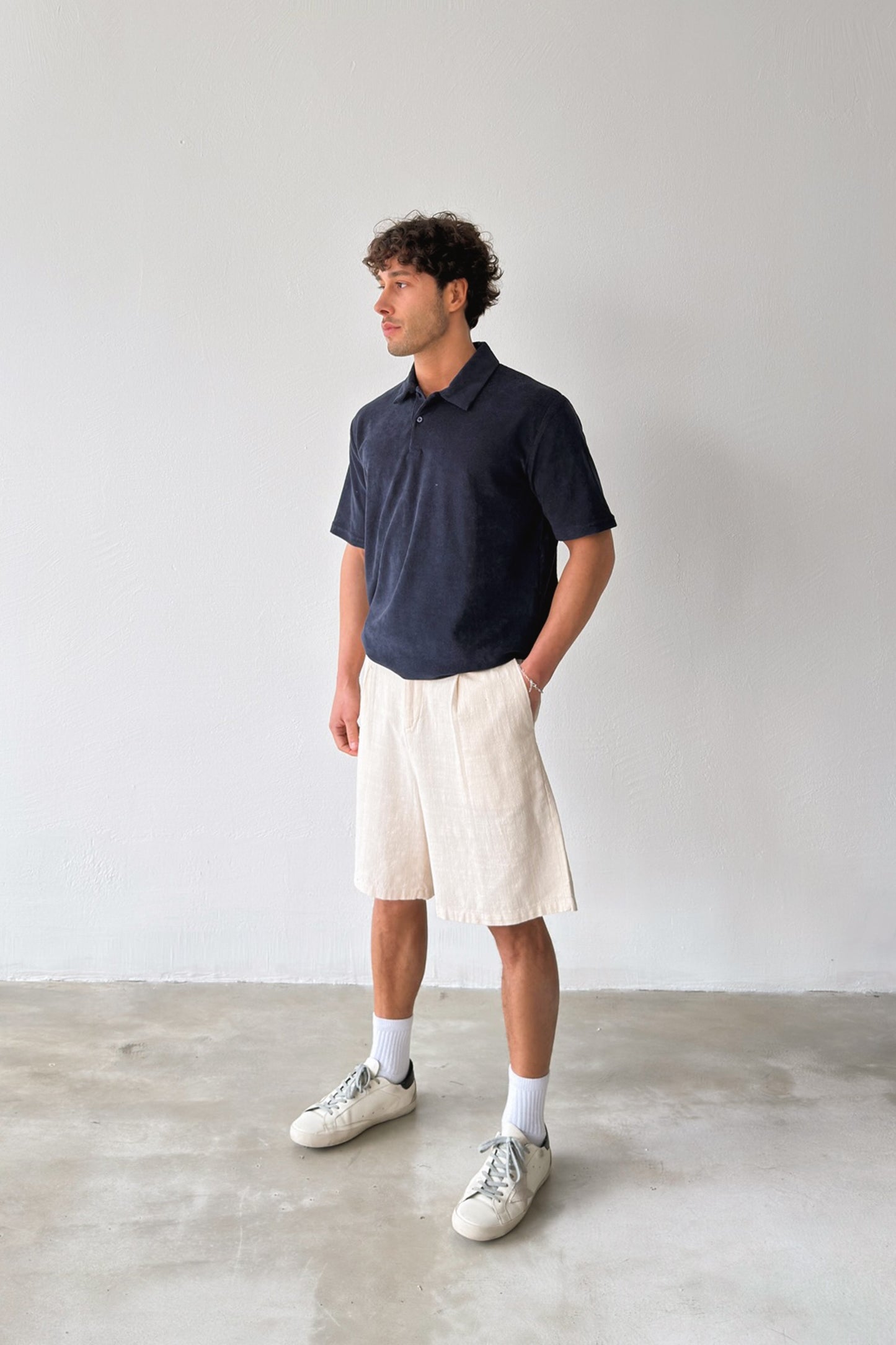 Terry Cloth Polo Collar Button-Down T-Shirt