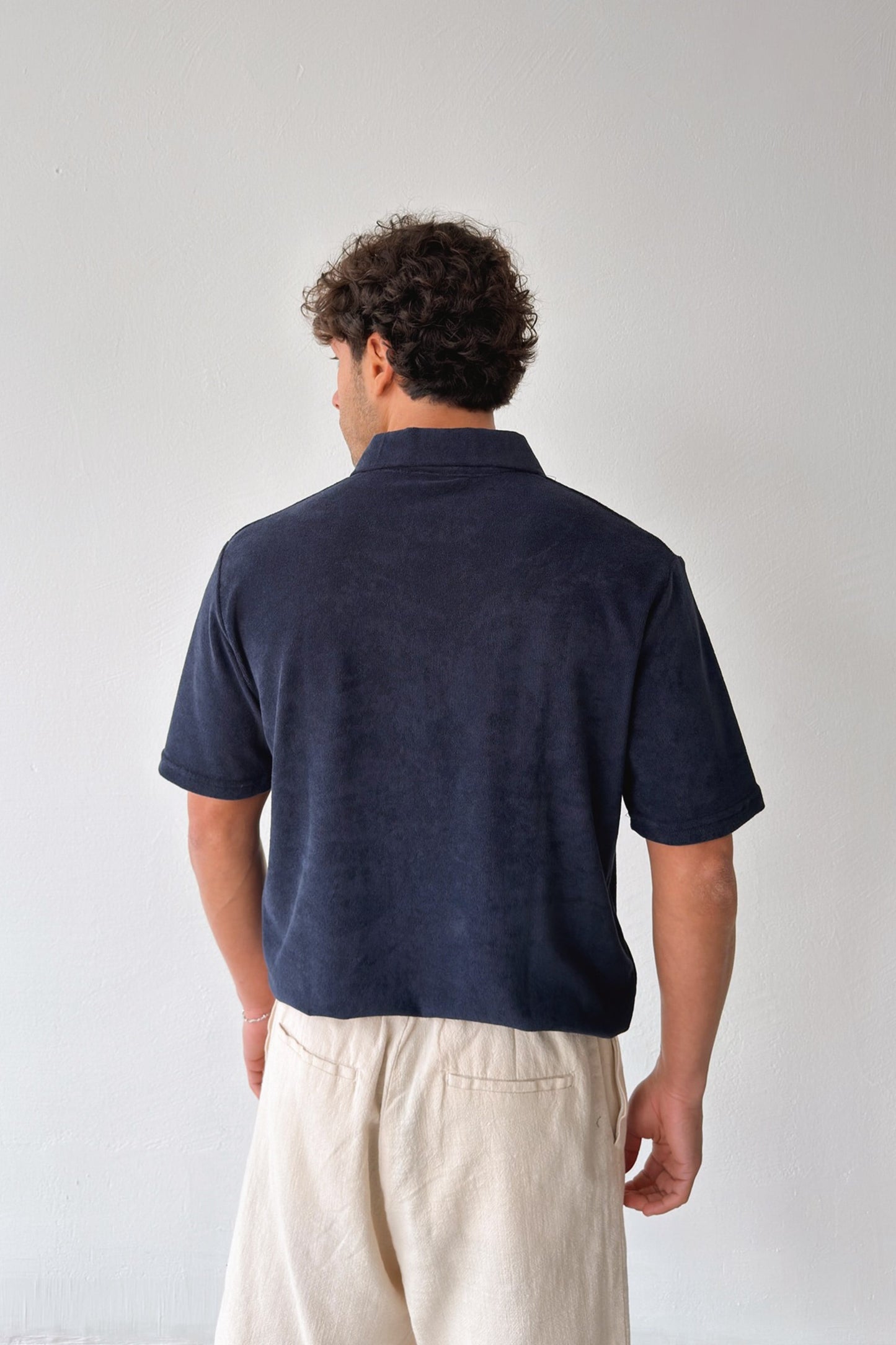 Terry Cloth Polo Collar Button-Down T-Shirt