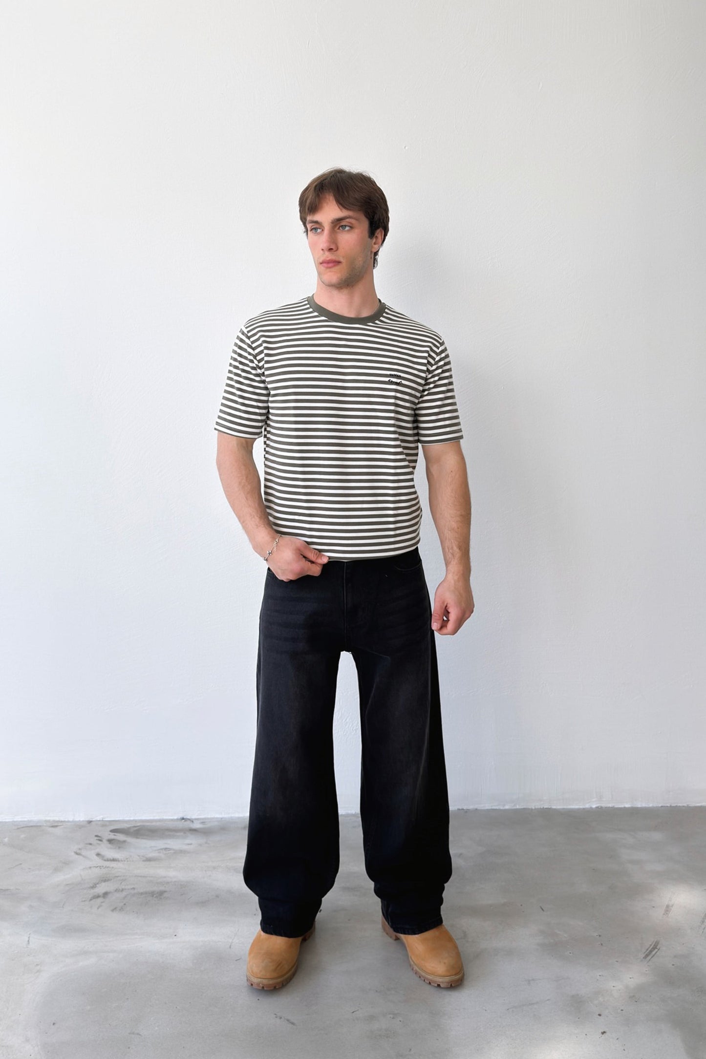 Human Embroidered Striped T-Shirt Khaki