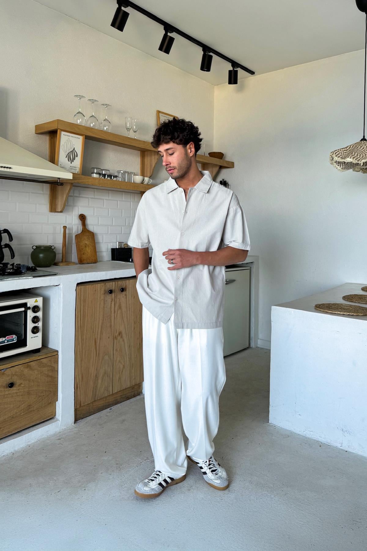 Linen Oversize Short-Sleeve Shirt, Stone Color